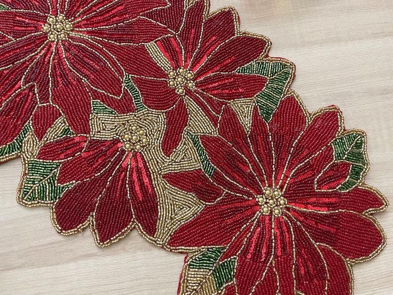 Image of MFU - Made For You Handmade Beaded Table Runner, Red Flower Design, 13 x 36 Inch | Decorative Rectangular Table Runner for Dining Table, Center Table & Home Decor