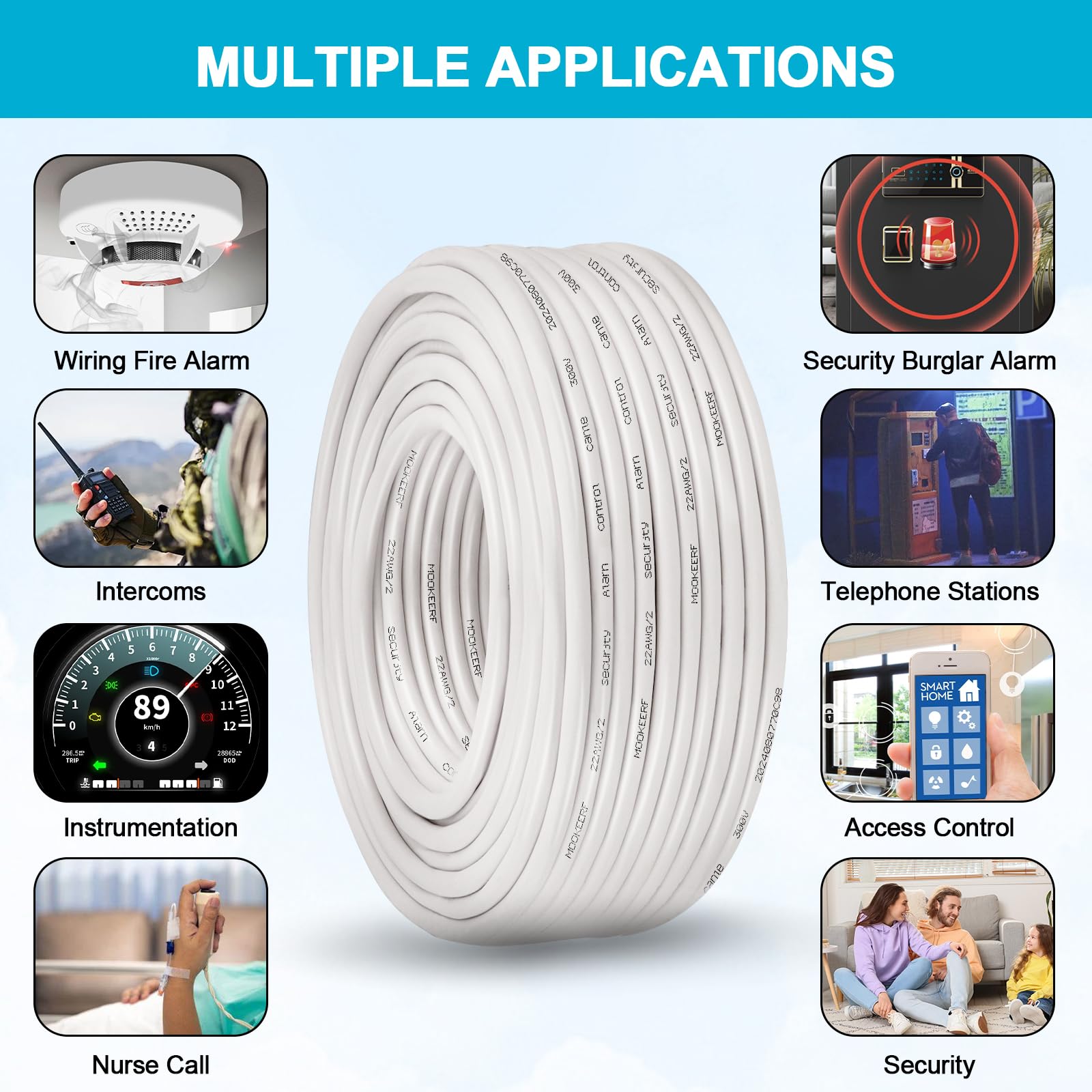 MOOKEERF Cable plenum blindado trenzado de 4 conductores de 22 AWG, 100 pies, 22/4, cable blindado blanco CL3P para seguridad, alarma, control de acceso, sonido