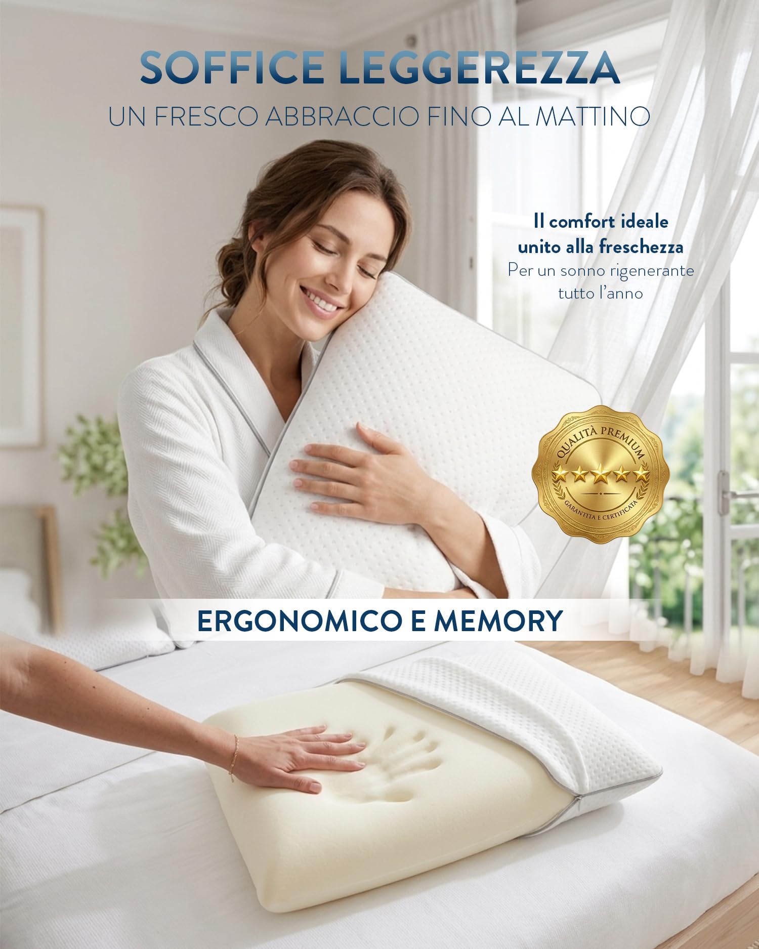 Cuscino Memory Foam 60x40cm, Alta Densità, Altezza 14 cm, Rivestimento Sfoderabile e Lavabile, Super Fresco, Cuscini Letto, Cuscino Alto, Modello BELLAGIO