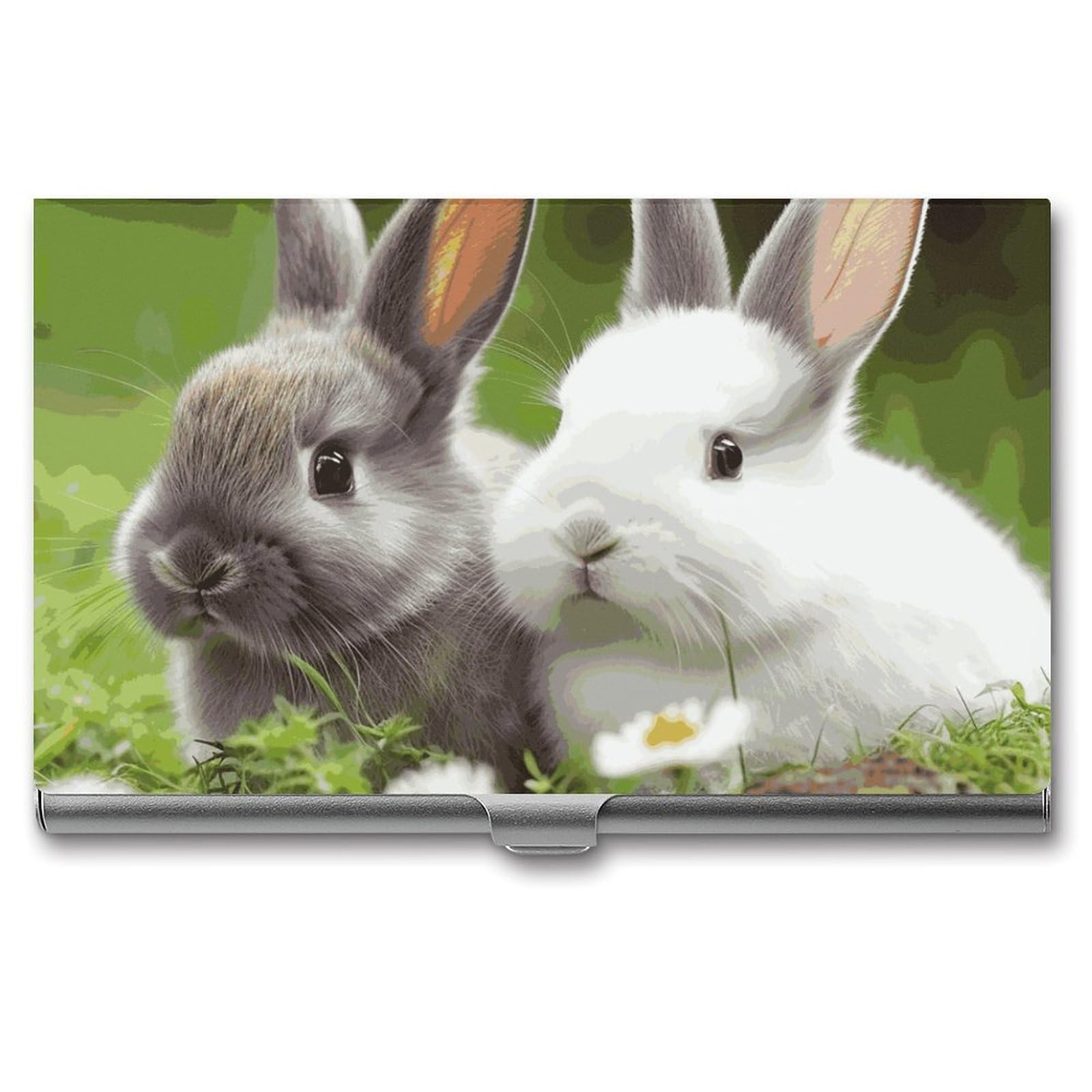 BTCOWZRV Two Little Cute Rabbits Business Card Holder Metal Slim Business Card Case, Pocket Card Holder for Men Women Purse Name Card Holder Stainless Steel Wallet Credit ID Case for Office