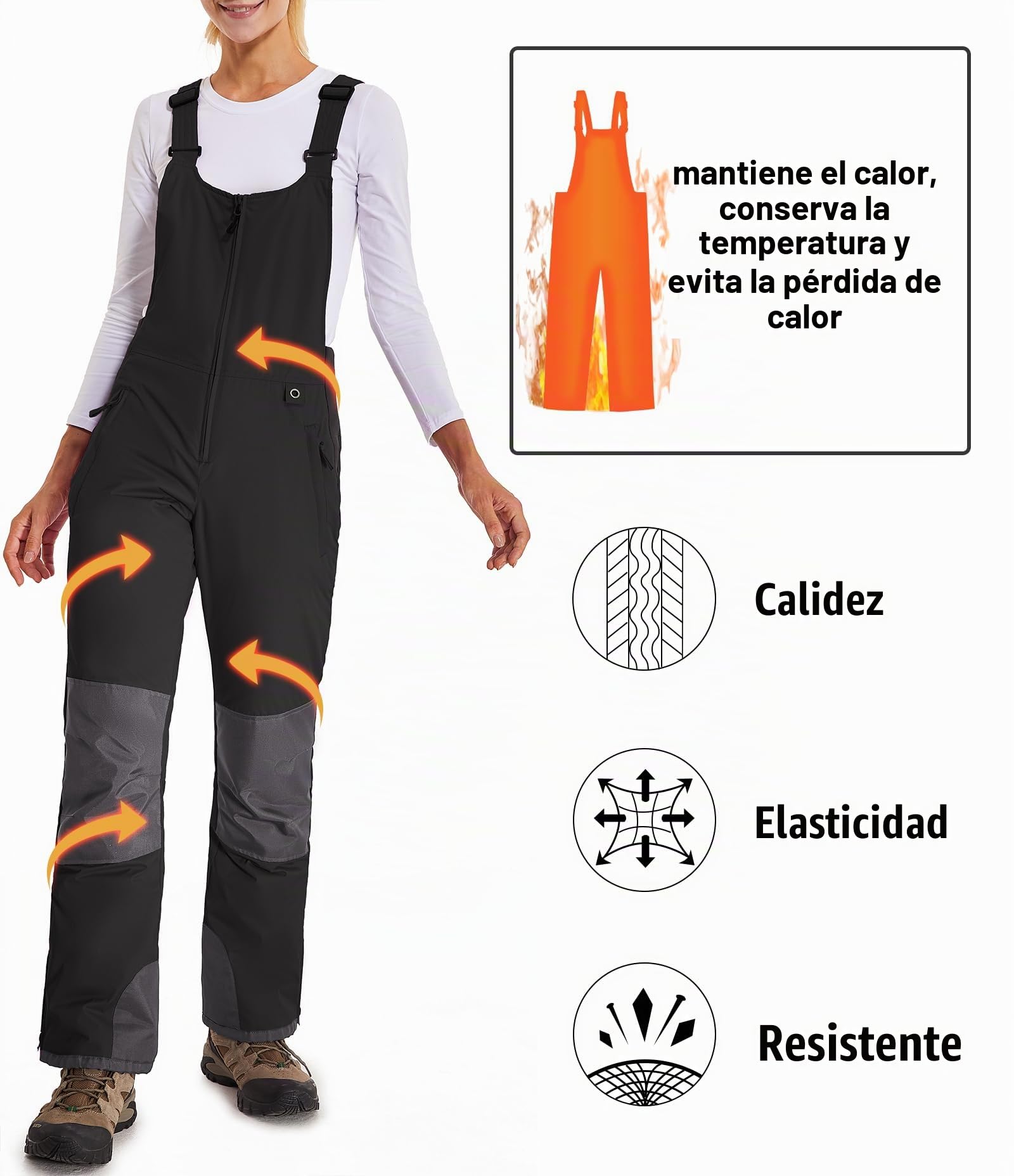 Pantalones Nieve Esquí Mujer Invernal Pantalón Softshell Calor Pantalones de Trabajo Largos Prueba Viento Impermeable Mono Outdoor Pantalón Funcional con Tirantes Ajustables HXK7664W-Black-M