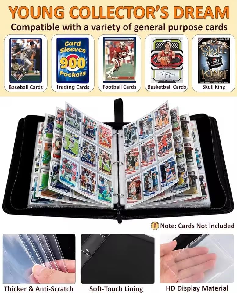 Trading Card Binder - 900 Pocket PU Leather Card Holder Album with Zipper, 3-Ring Organizer for Baseball, Football, Sports Cards & TCG/CCG Game Cards, Collector's Portfolio (Blue)