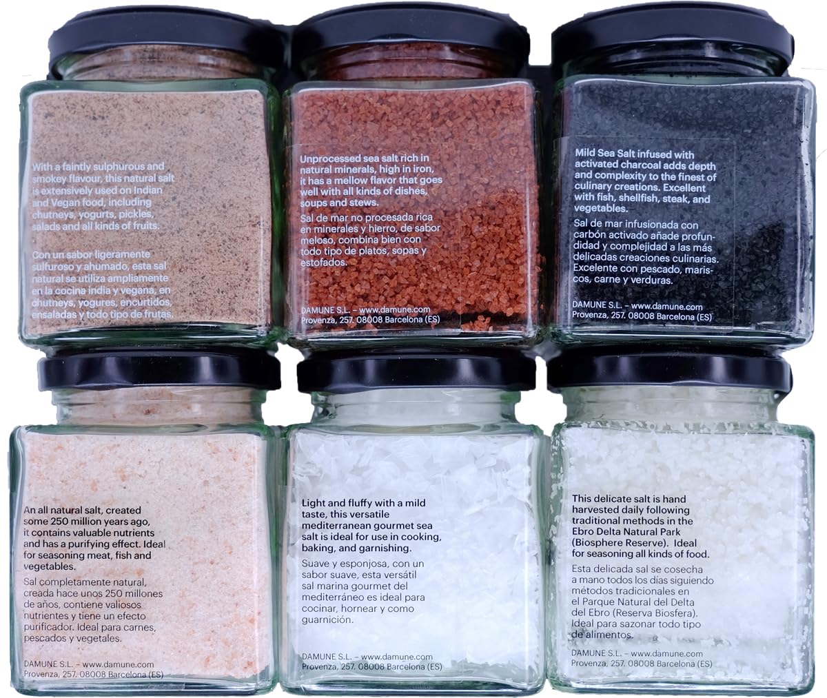 DAMUNE Sales Gourmet: Sal Negra Hawai (200g), Sal Roja Hawai (200g), Flor de Sal Delta del Ebro (150g), Sal en Escamas Chipre (100g), Sal Rosa (200g) y Sal Kala Namak (200g)