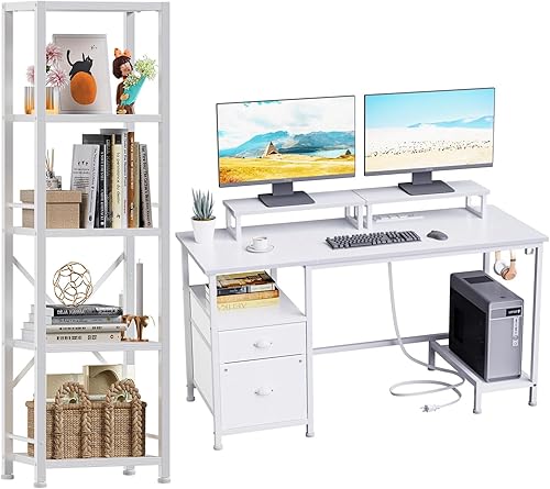 Furologee White Desk and Bookshelf, 47" Computer Desk with Drawer and Power Outlets, 5 Tier Tall Narrow Bookcase, Gaming Table with 2 Monitor Stands