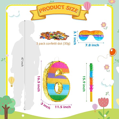 Miniatura 3 de MUWOOB Piñata arcoíris número 6 para decoraciones de fiesta de cumpleaños 6, piñata de cumpleaños con palo y confeti, celebración de aniversario