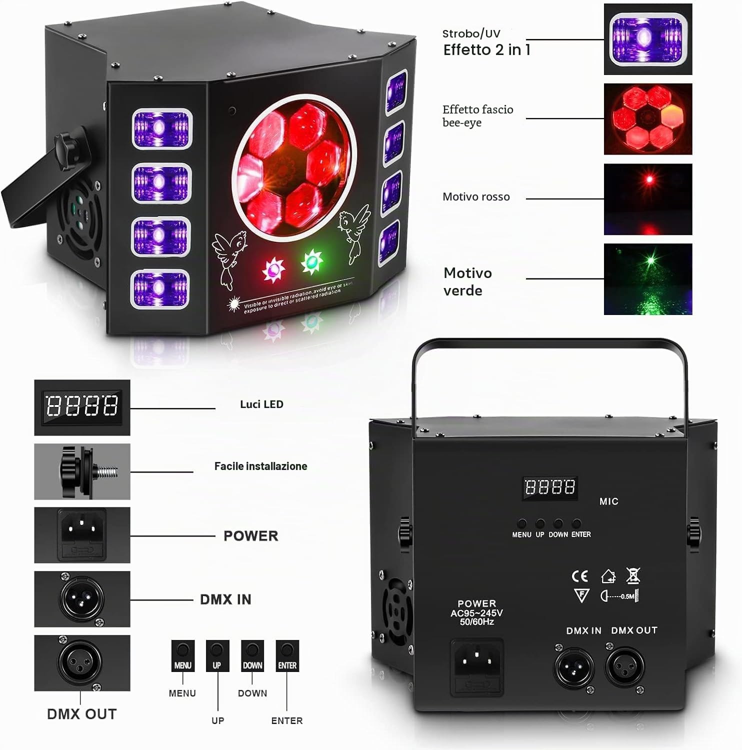 Luce discoteca, 100 W, luce da discoteca, luce da festa, occhio d'api, flash UV, 14 canali, D-MX con controllo vocale, telecomando, adatta per matrimoni, feste di compleanno, Halloween, bar evento