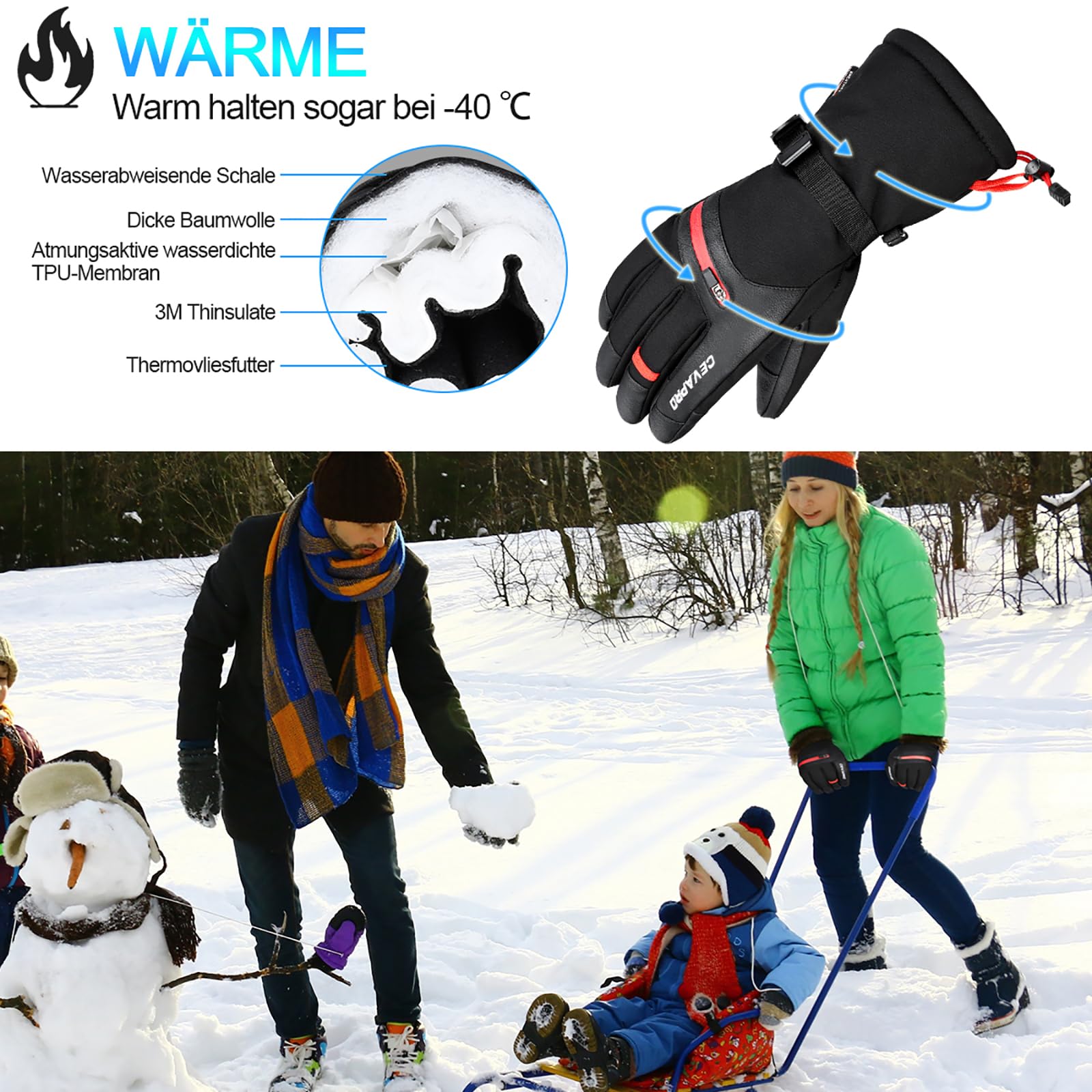 Cevapro Skihandschuhe Warme Winterhandschuhe wasserdichte Snowboard HandschuheTouchscreen Handschuhe für Herren Frauen zum Wintersport wie Skifahren Motorradfahren Fahrradfahren