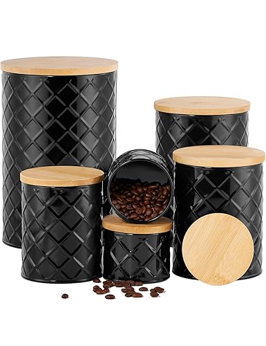 Kitchen Storage Containers for Countertop Set of 6,Food Containers with Airtight Lids,Flour and Sugar Storage Containers,Black Canister Set for Coffee and Tea,Farmhouse Kitchen Decor - black