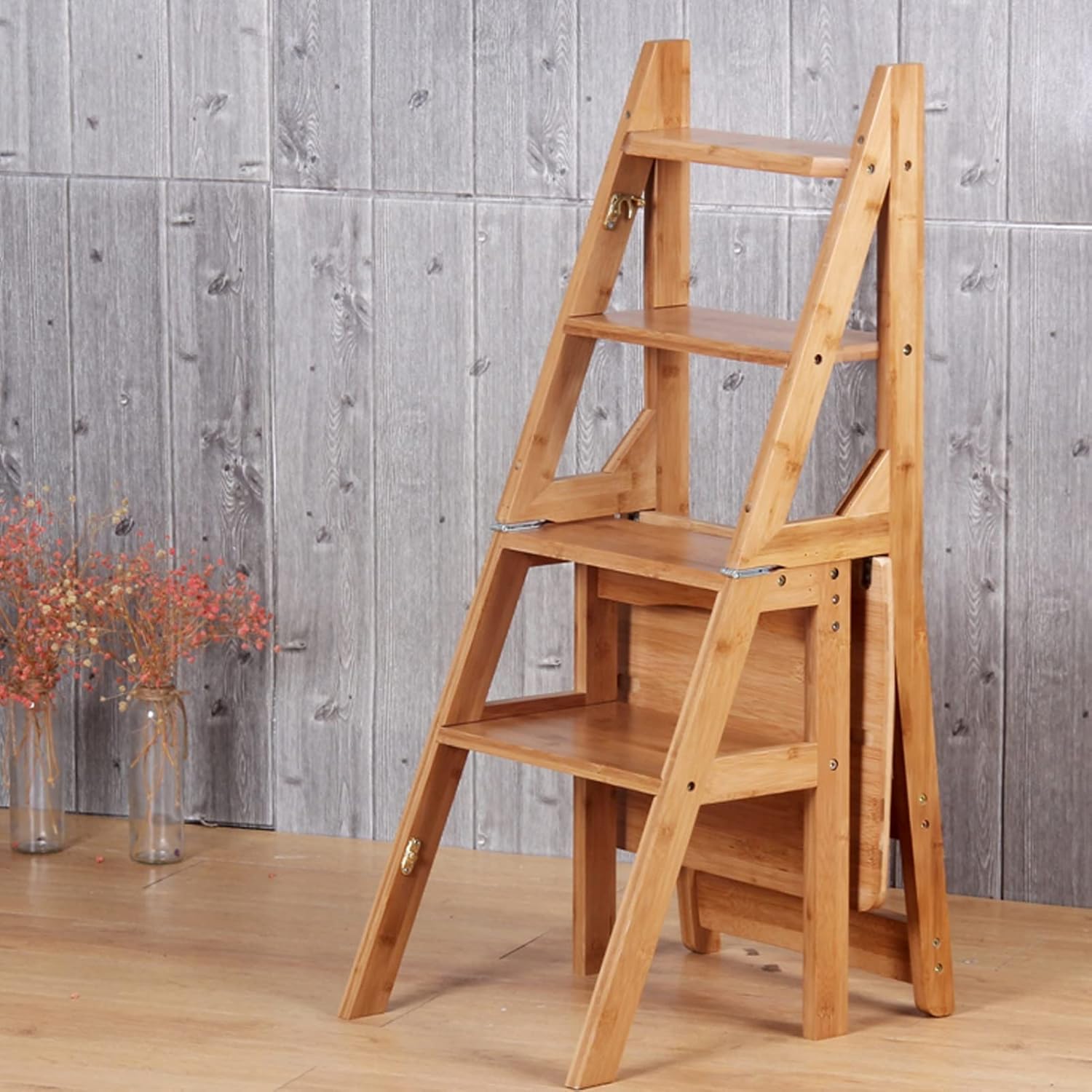 Wooden Ladder Chair Foldable 4-Step Stools, Multifunction Library Steps Bookshelf Display Shelves Wooden Foot Ladder Stool Flower Shelf