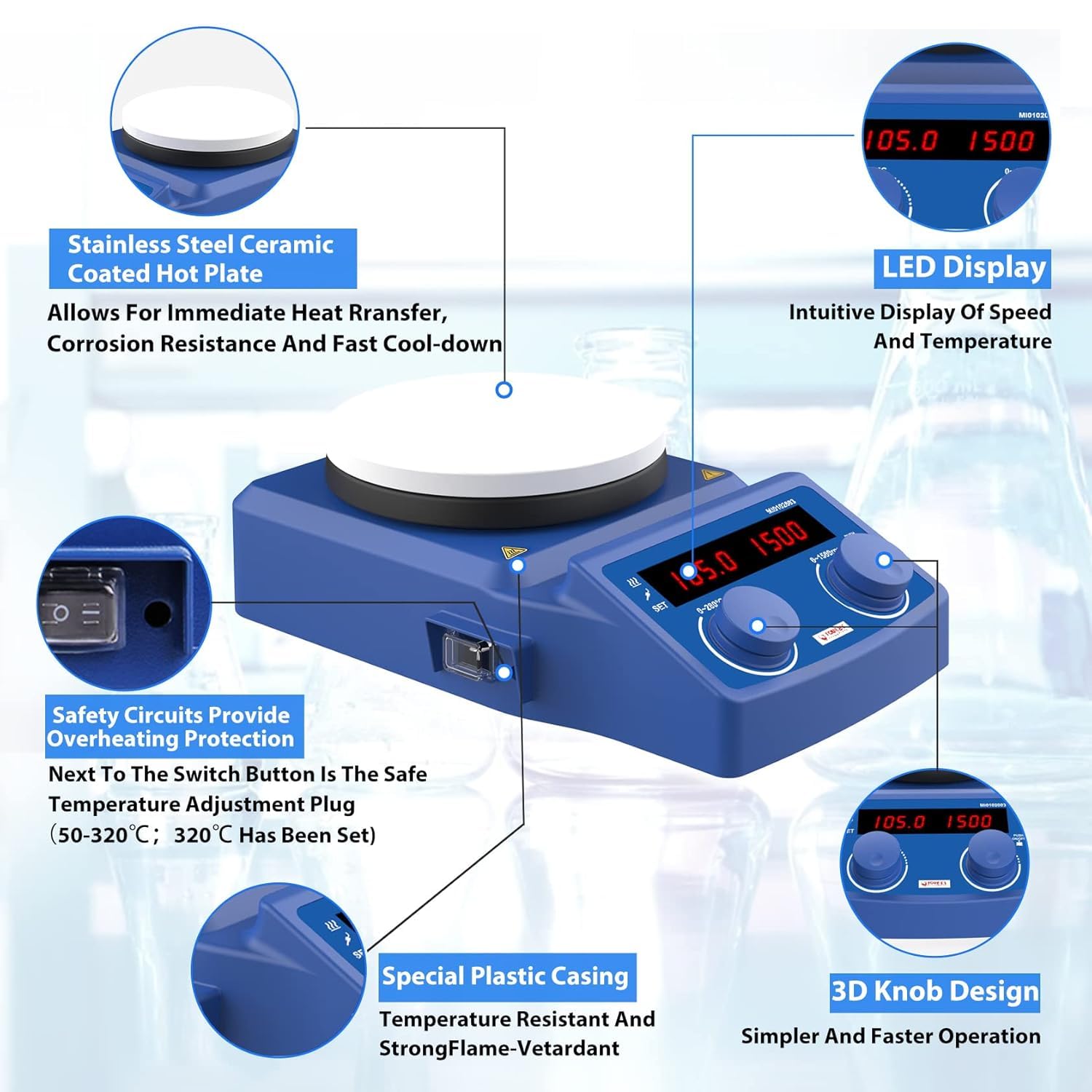 FOUR E'S SCIENTIFIC Agitatore magnetico da 5 l con piastra riscaldante Hot Plate Mixer 280 °C/ 536 °F Magnetic Stirrer 100-1500 RPM 5000 ML LED Display Laboratorio Agitatore con sensore PT1000 Temp