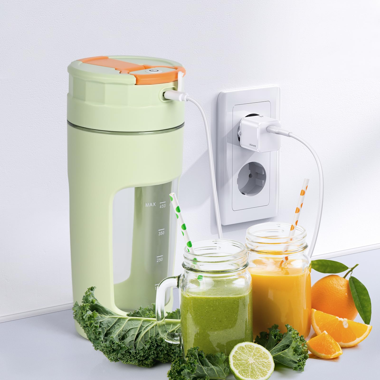 Lekki Przenośny Blender, ręczny mikser do owoców o pojemności 600 ml, mocny bezprzewodowy mini blender, z możliwością ładowania, smoothie, koktajle białkowe, kruszy lód i mrożone owoce (Zielony)