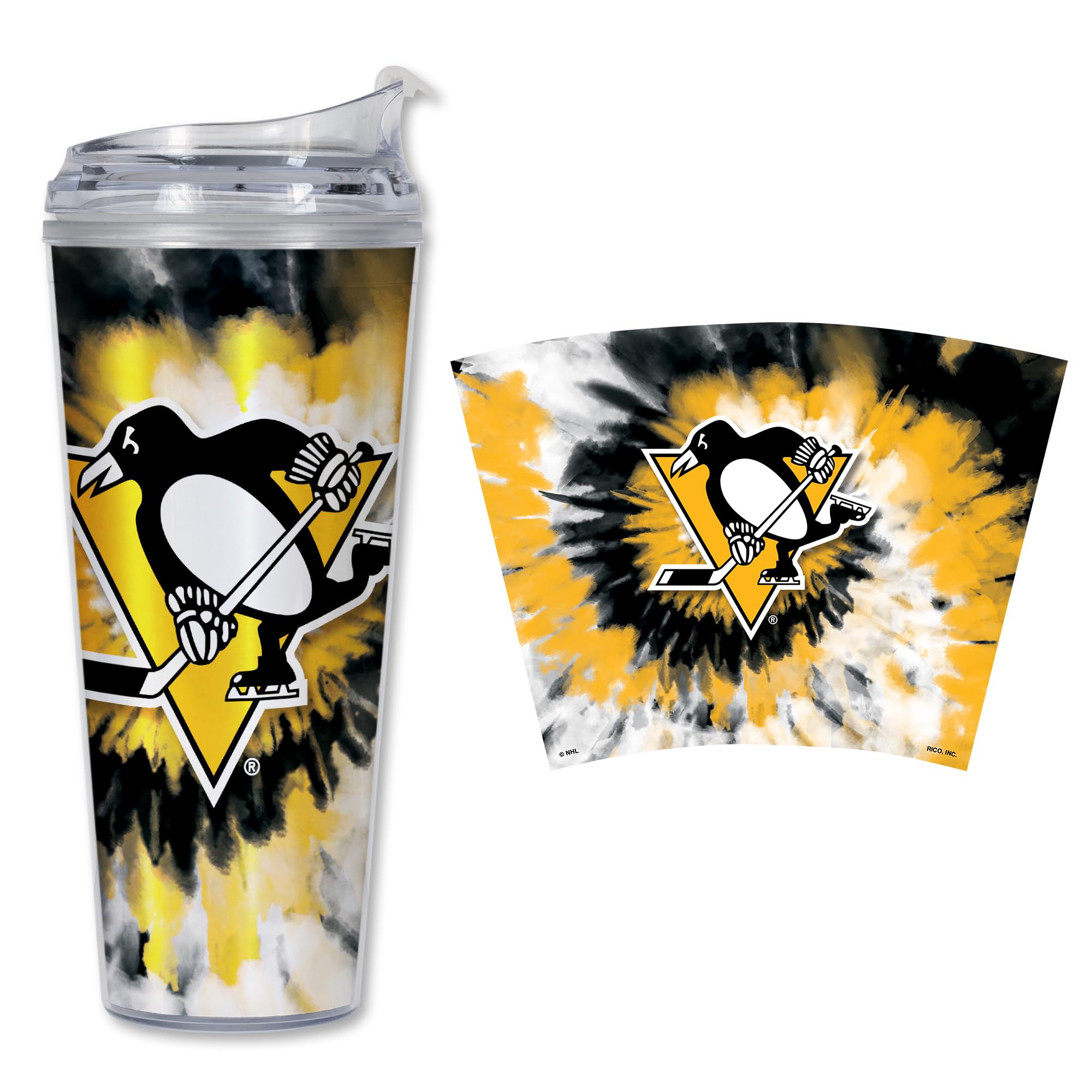 Rico Industries NHL Hockey Team Color Tie Dye 24oz Metallic Acrylic Tumbler with Hinged Lid, Officially Licensed Double Wall Tumbler with Straw