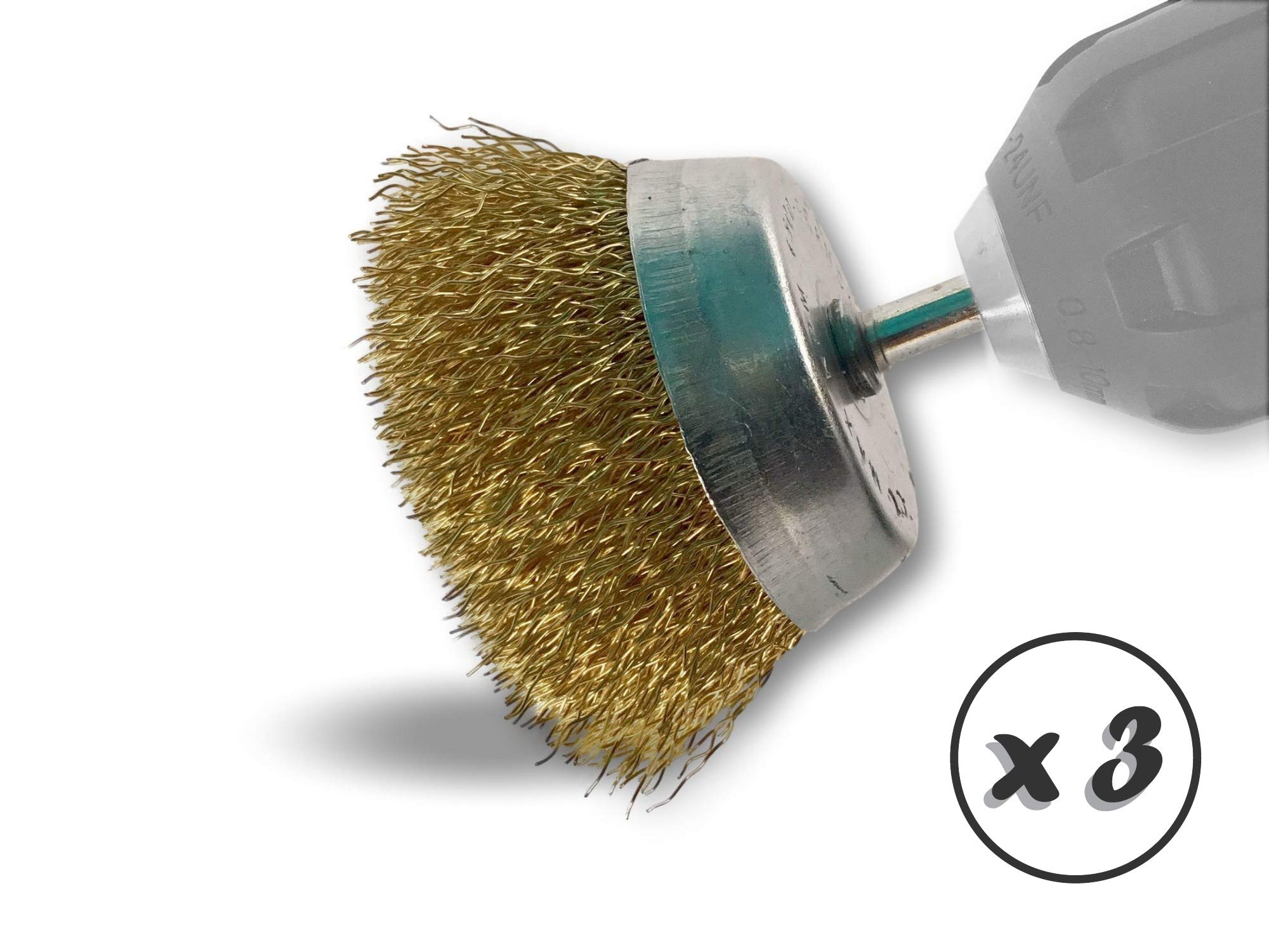 Metalowa szczotka obrotowa do cięcia Ø 75 mm | Zestaw 3 | Na pręcie Ø 6 mm | Drut mosiężny Ø 0,30 mm twardy | Do wiertarki lub wkrętarki z uchwytem | Kibros 2575LTx3