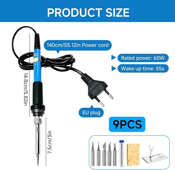 Soldering Iron 60 W Soldering Iron Set with 5 Interchangeable Tips Adjustable Electric Soldering Iron 200-450 °C with Stand Sponge and Solder for Electronics Repair PCB DIY