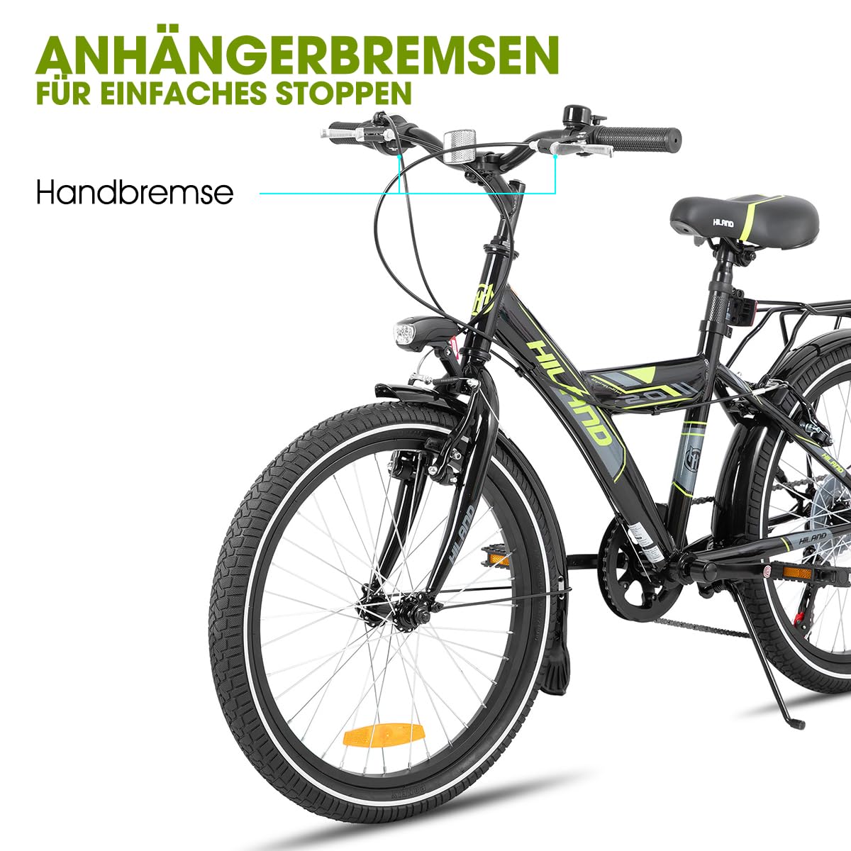 HILAND 20 Zoll Kinderfahrrad Mountainbike, MTB für Kinder Jungen Mädchen mit 6 Gang Schaltung, Ständer, Schwarz Fahrrad