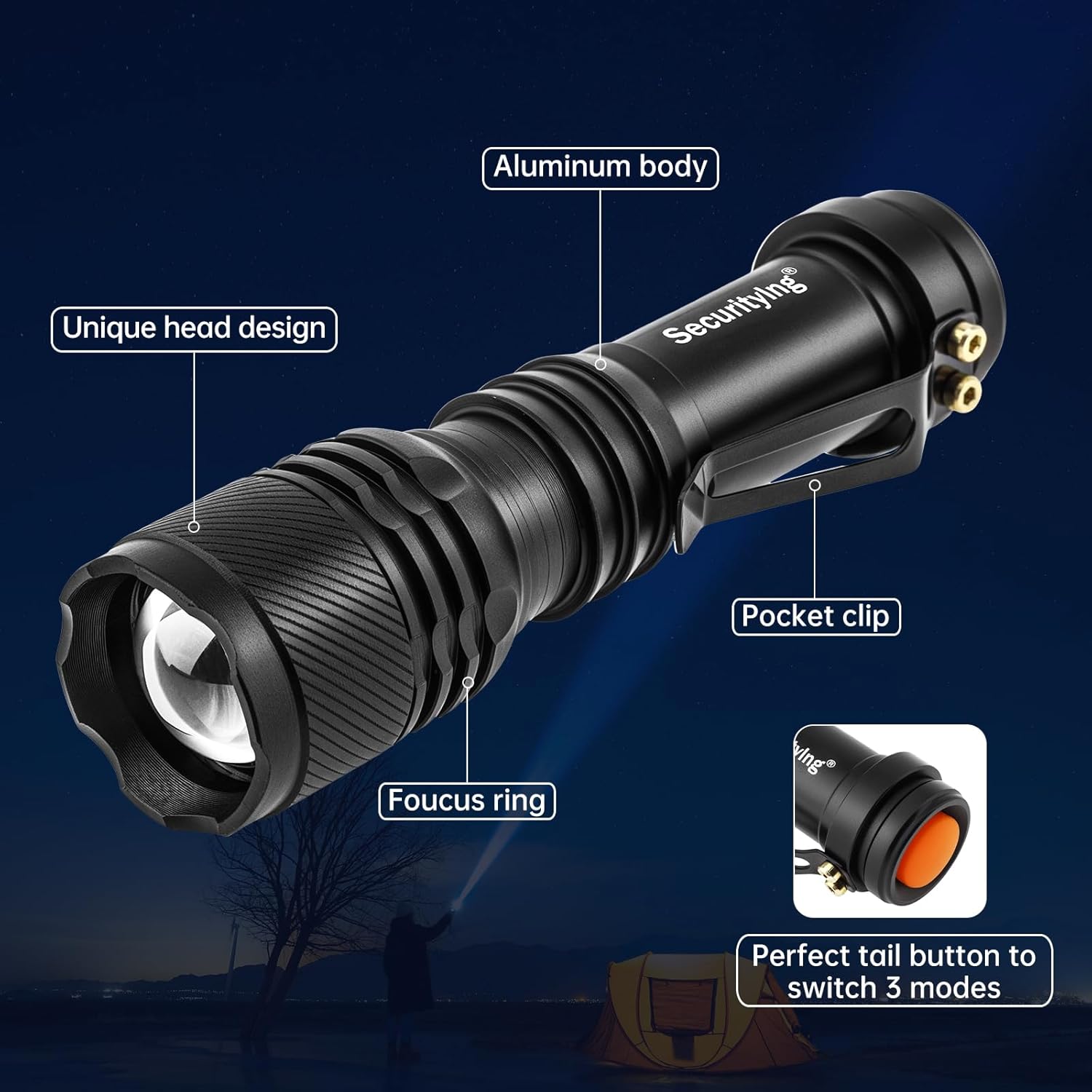 SecurityIng Mini Blue Light Flashlight, Scalable & Zoomable Focus ，800 lumens Blue LED Light for Night Fishing and Blood Tracking, AA Battery Powered (Battery Not Included)
