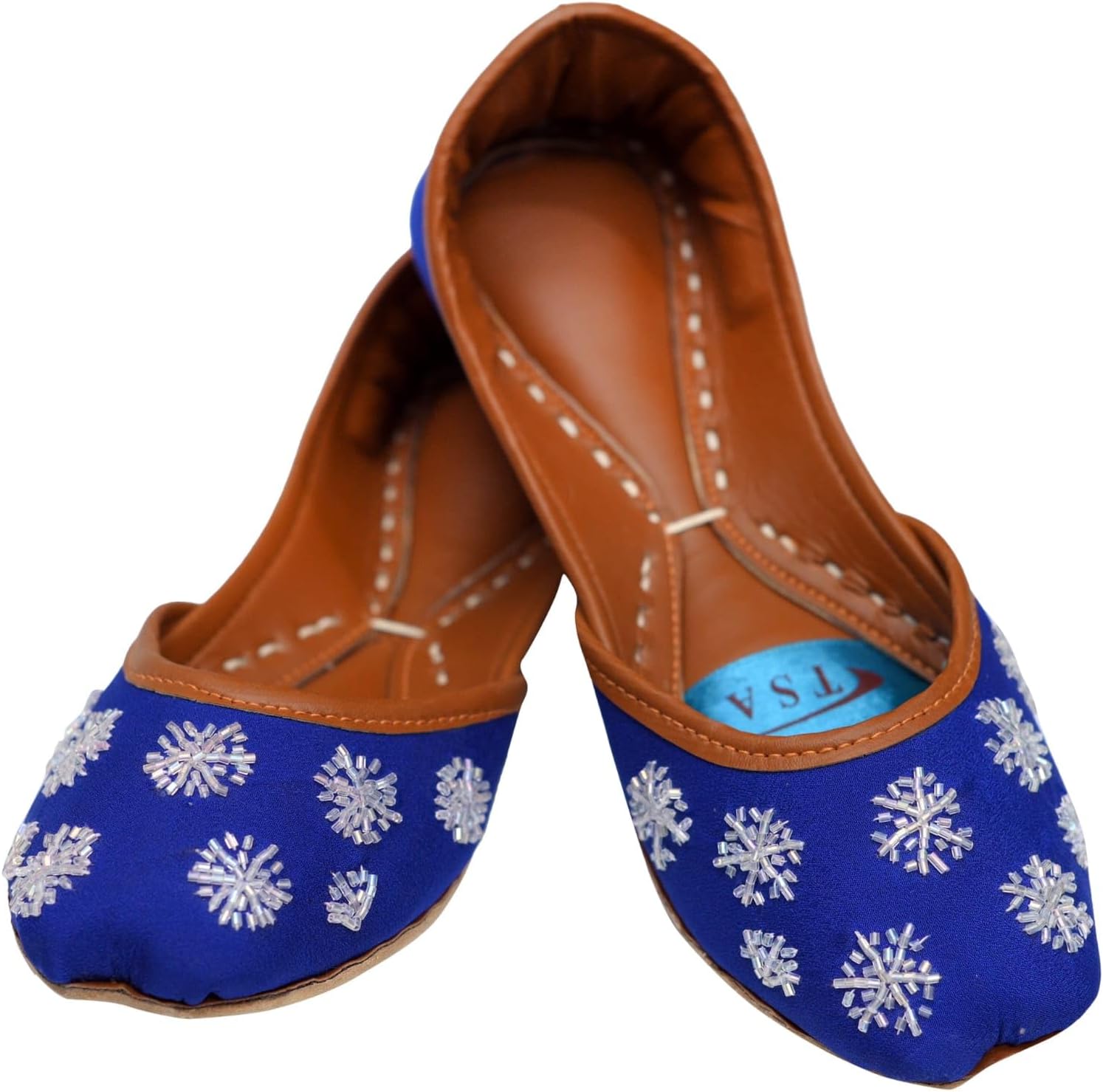 TSA LIMITEDWomen Ladies Traditional Embroidery Ethnic Bridal Handmade Leather Royal Blue Flat Khussa Indian Pumps Slip On Shoes