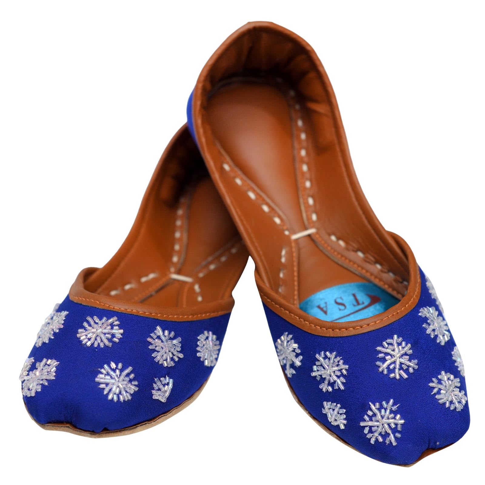 TSA LIMITEDWomen Ladies Traditional Embroidery Ethnic Bridal Handmade Leather Royal Blue Flat Khussa Indian Pumps Slip On Shoes