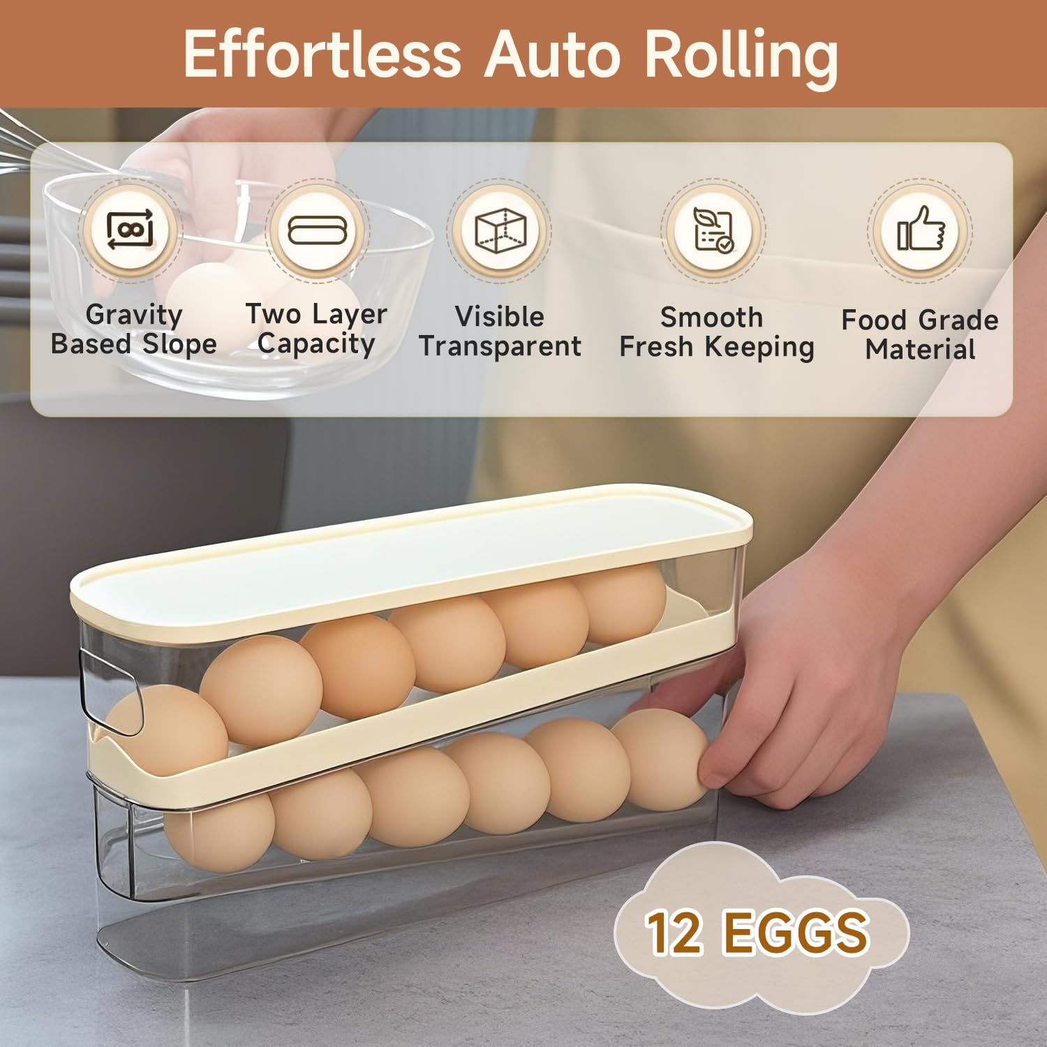 Soporte rodante para huevos para refrigerador, dispensador de huevos para refrigerador, contenedor de almacenamiento automático para encimera, cocina y uso al aire libre (3.35 x 3.74 x 11.02 6