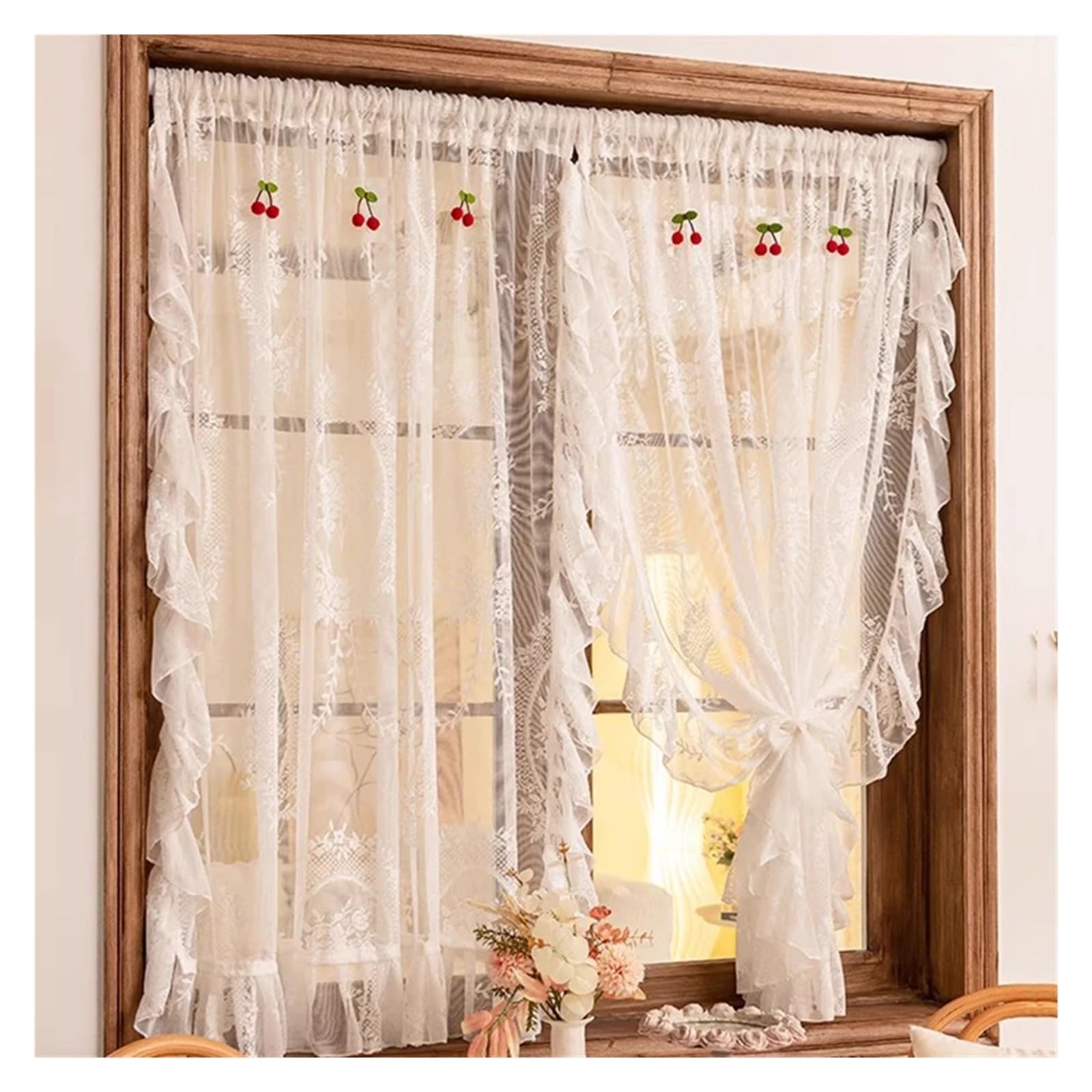Gerüschte Vorhänge 1 PC Französisch Stil Rüschen Spitze Tüll Vorhang mit Kirschen Amerikanischen Retro Weiß Voile Sheer Vorhänge for Wohnzimmer Schlafzimmer(ROD POCKET PROCESS_W100 X H180CM 1PIECE)