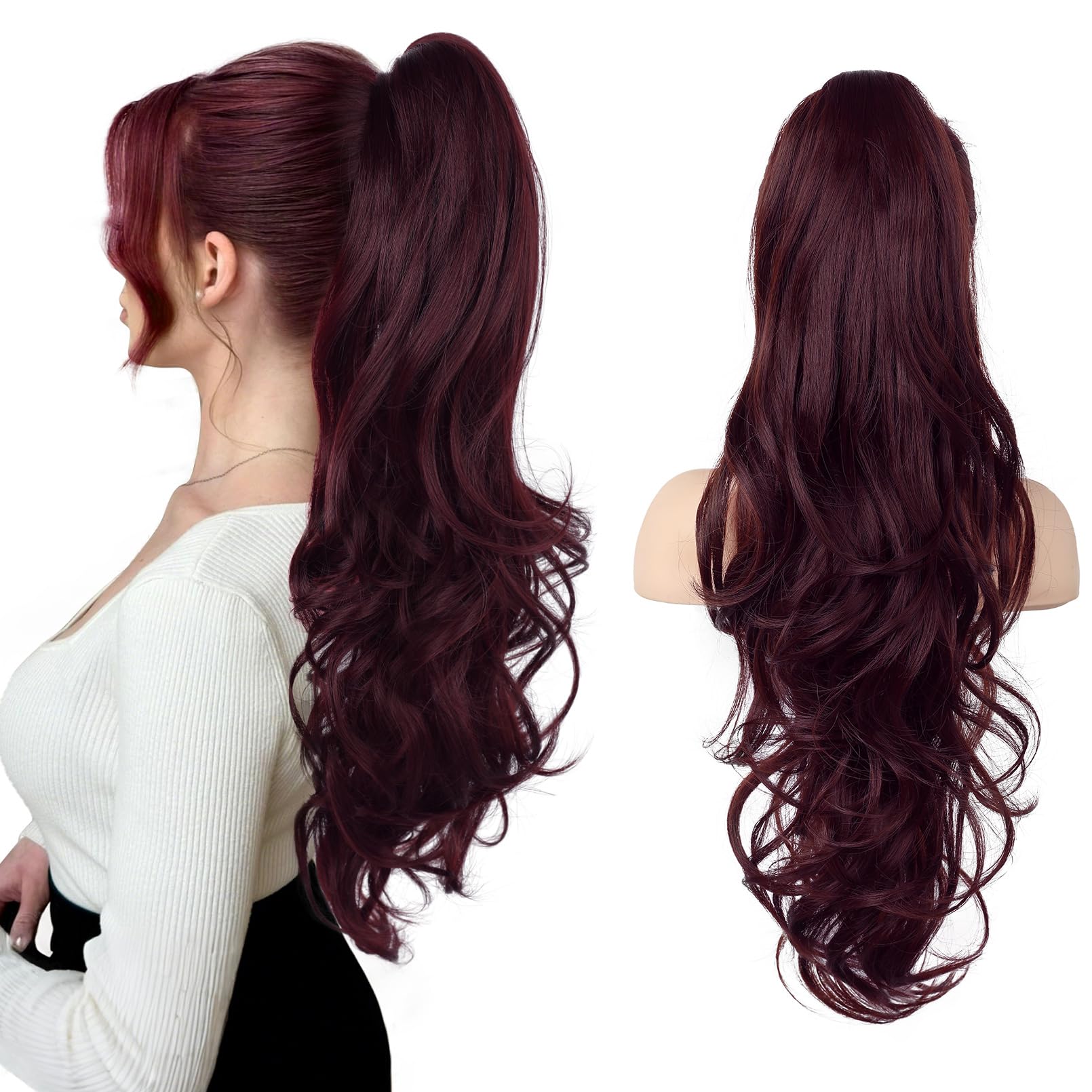 FLUFYMOOZ Ponytail Extension, 66cm Pferdeschwanzverlängerung lange, gewellte, lockige Klauen Clip in Pferdeschwanz Haarverlängerung, synthetisches Haarteil für Frauen-Ombré-Burgund