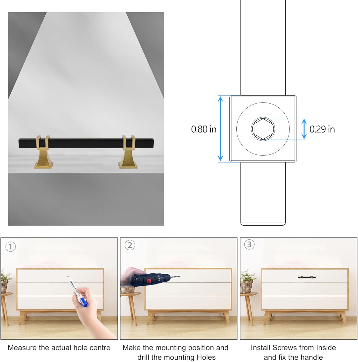 Cabinet Pulls Matte Black and Gold Cabinet Handles, 20 Pack 3-3/4 Inch Kitchen Door Cupboard Wardrobe Drawer Handles, Cabinet Hardware Bar Drawer Pulls, 96mm Hole Centers