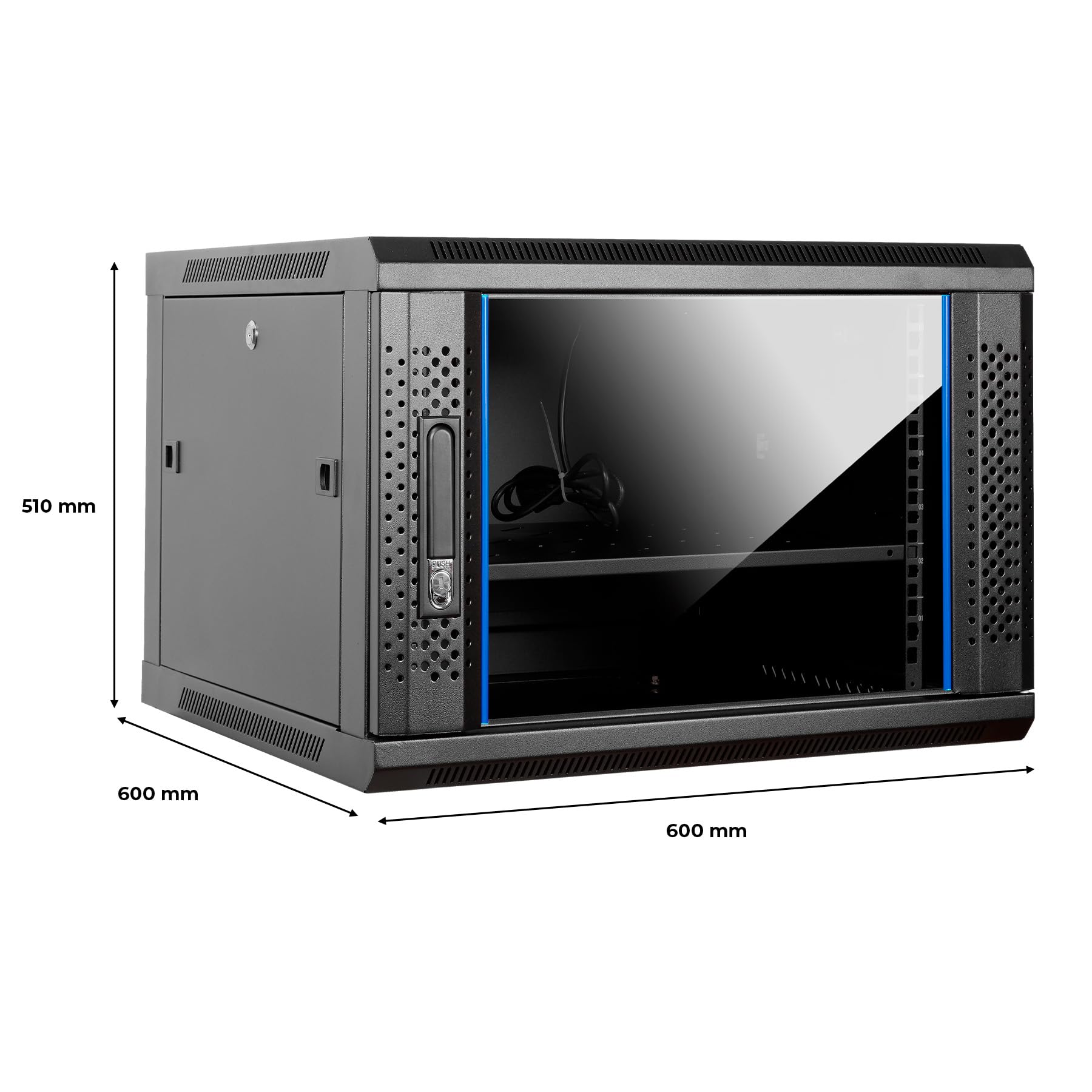 Aiten Data Armario Rack Mural 19" 9U Medidas 600 x 600 x 510 mm. Incluye Bandeja Fija, 1 Ventilador de Techo de 120 mm, Tornillos de Montaje y 2 Llaves