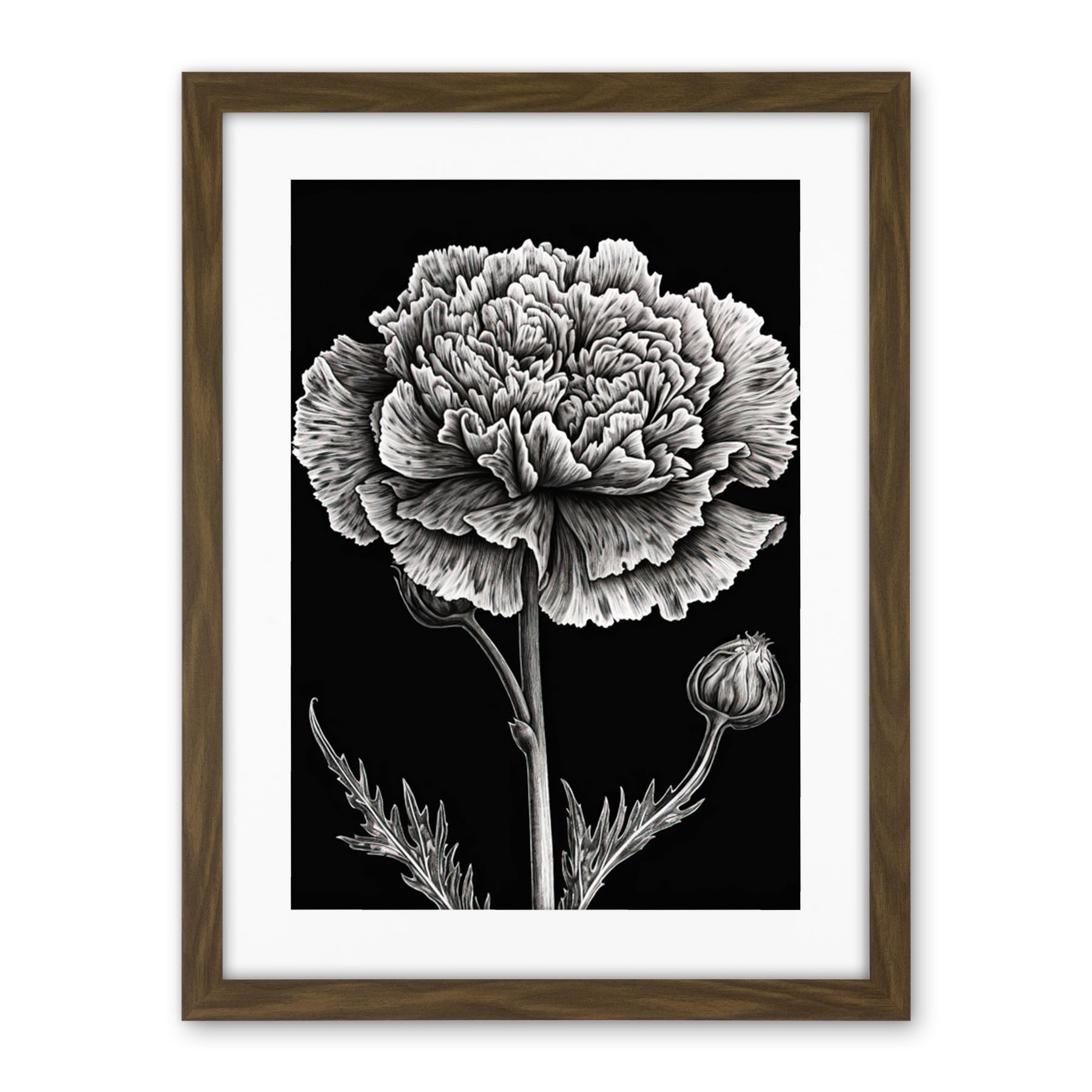 Artery8 Black and White Linocut Carnation Flower Print Artwork Framed Wall Art Print 18X24 Inch