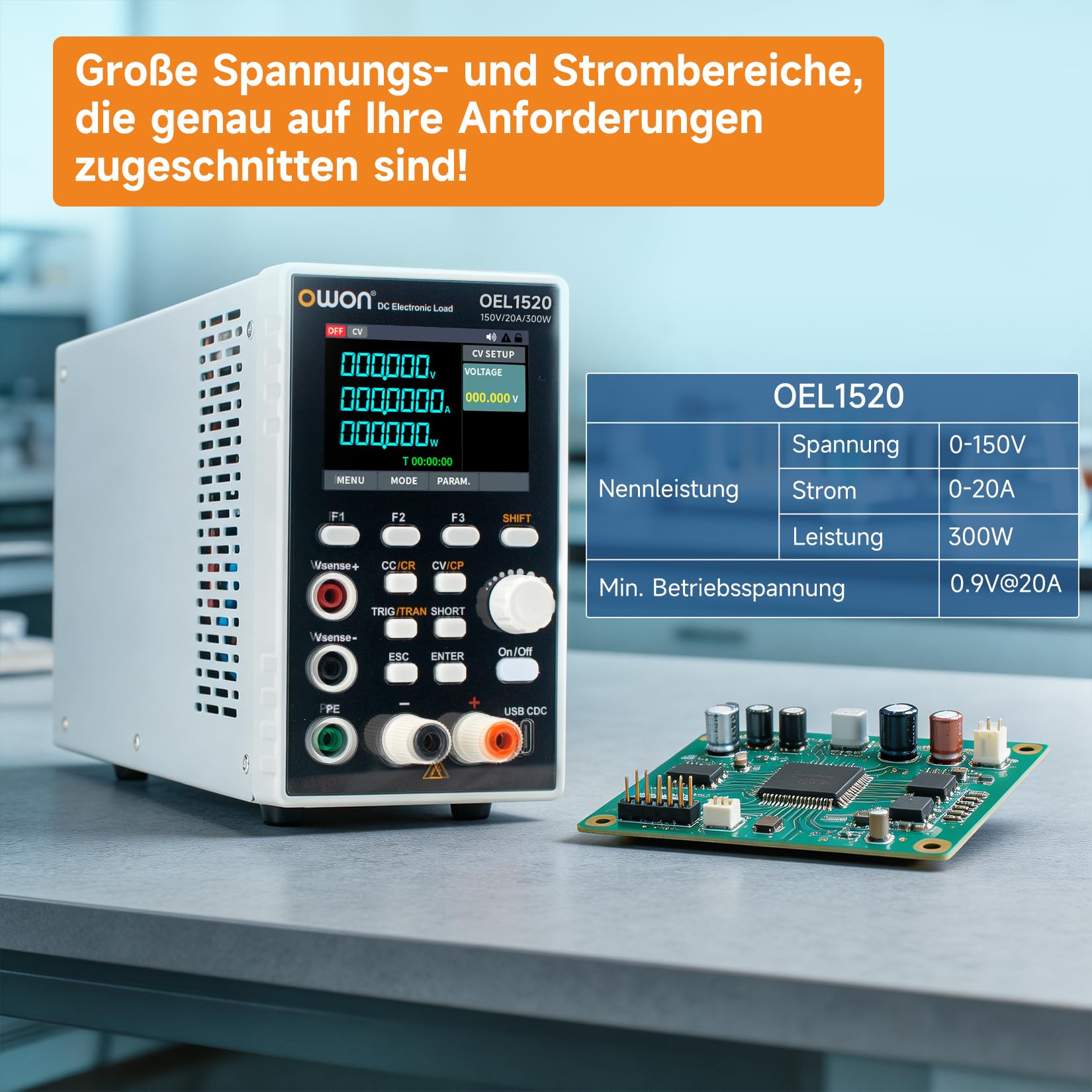 OWON Programmierbare elektronische Gleichstromlast OEL1520, DC 150V, 20A, maximal 300W, USB/RS232, CV CC CR CP, 4 Betriebsmodi, 5 kHz dynamisch, Labor-Leistungstester mit 2,8-Zoll-TFT-LCD-Display