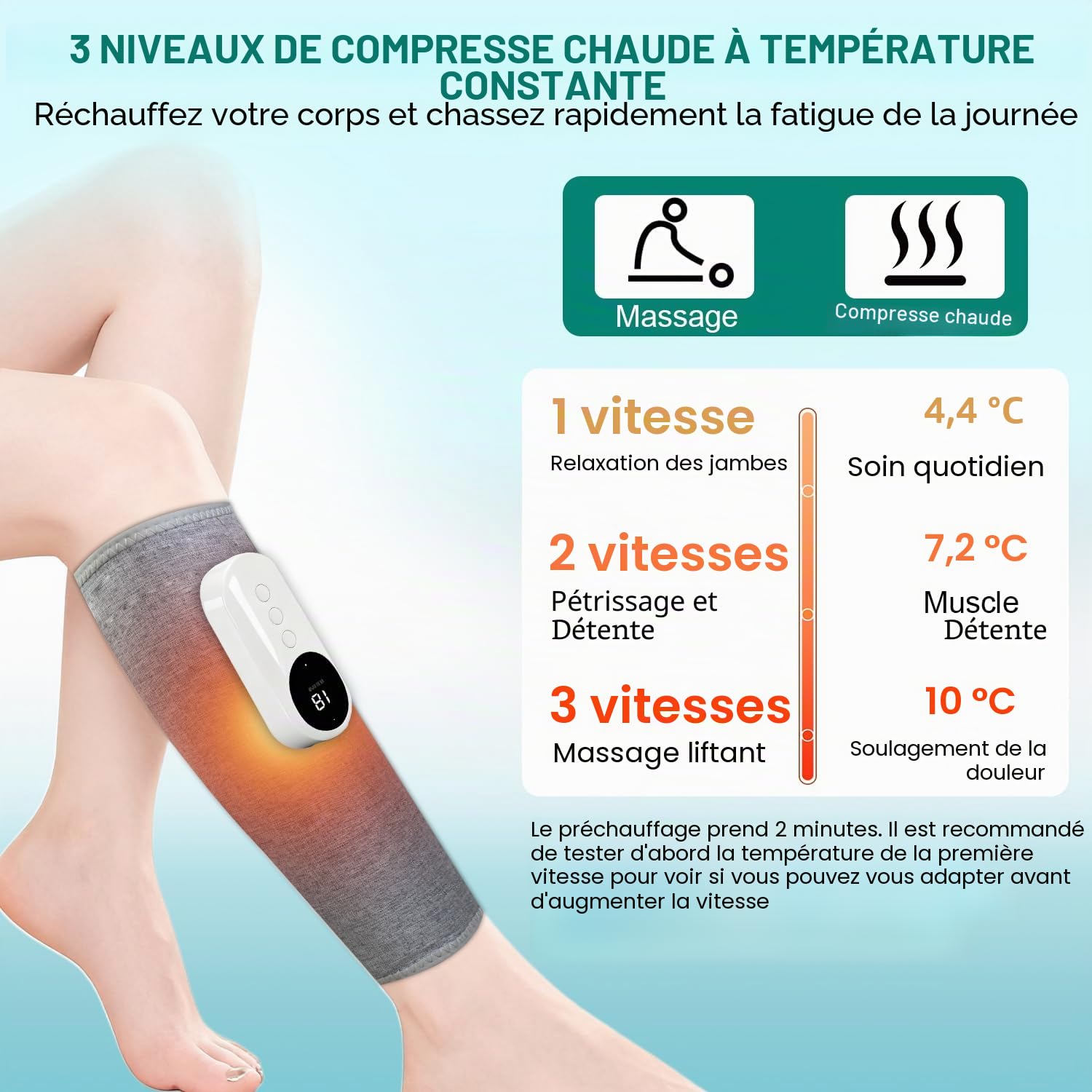 Masseur Jambes Sans Fil avec Chaleur et Compression Masseur de Mollets avec 3 Modes 3 Intensités Appareil de Massage pour Circulation Sanguine Drainage Lymphatique Relaxation Musculaire (1 Pièce)