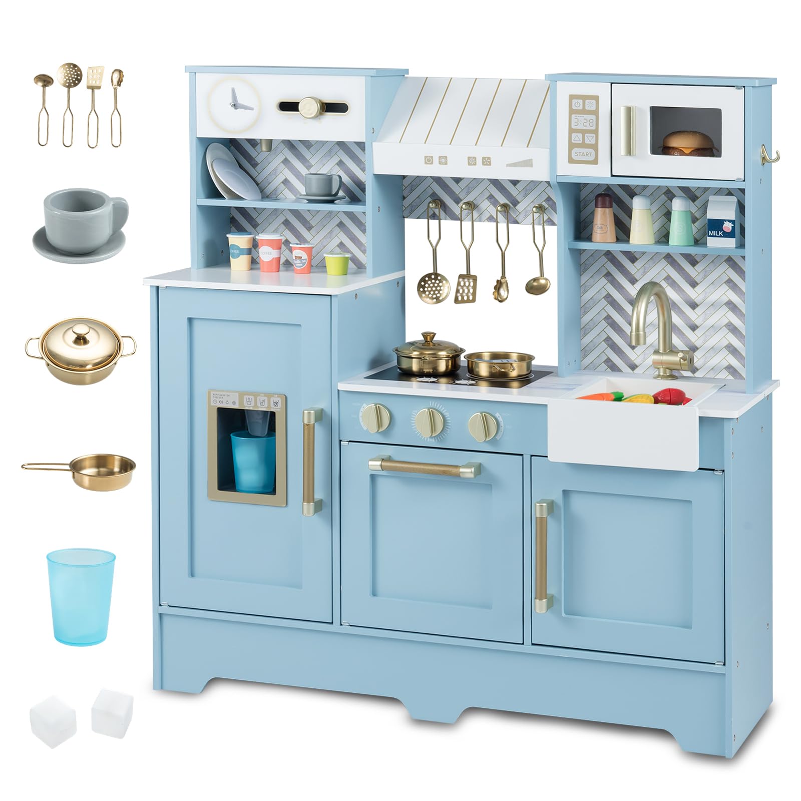 COSTWAY Kinderküche mit Zubehör, Spielküche Holz mit Herd, Wasserhahn, Spüle, Mikrowelle & Kaffeemaschine, Spielzeugküche Holz für Kinder ab 3 Jahren