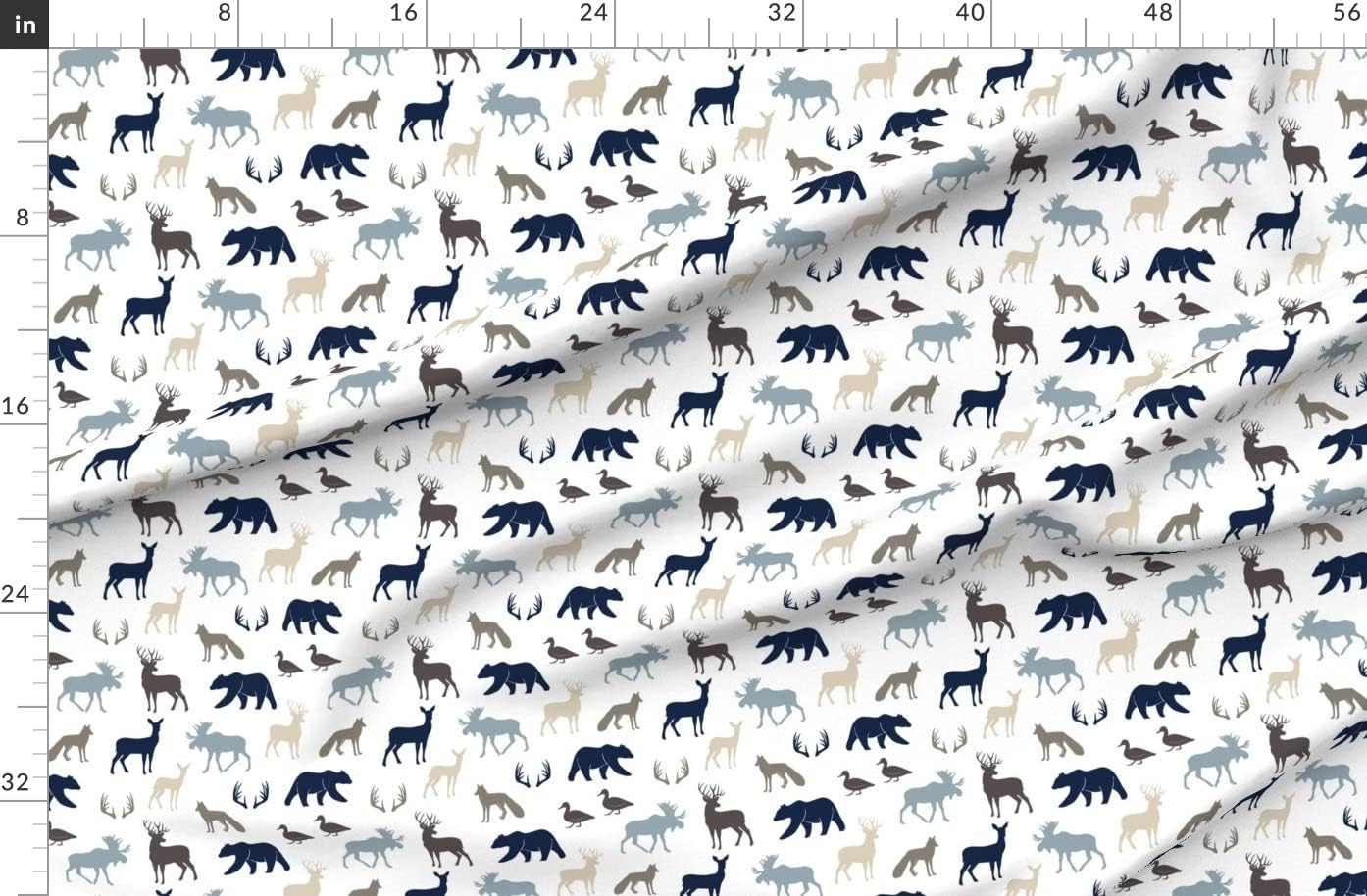 Spoonflower Fabric - Woodland Animals Rustic Woods Collection Navy Moose Boy Trendy Bear Printed on Organic Cotton Sateen Fabric by The Yard - Sewing Quilting Apparel Home Decor