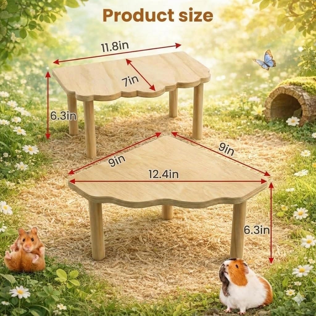 Hamster Platform 2 Pack - Wooden Cage Accessories for Dwarf Syrian Hamsters, Gerbils, Mice, Degus - Extra Large Wood Play Stand, Easy Install