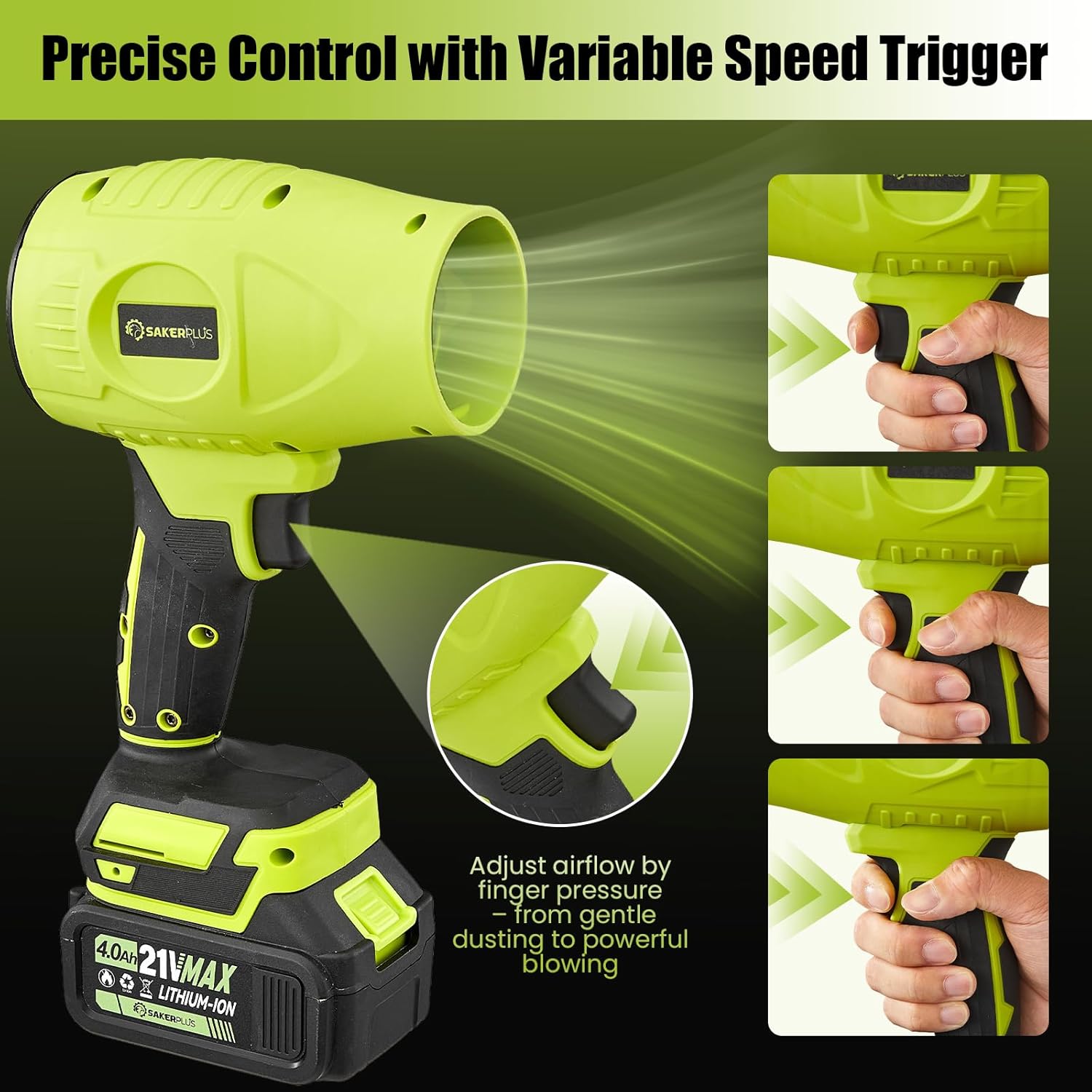 Portable Dust Cleaner, Cordless Leaf Blower with 2 Batteries, 21V 4.0Ah Electric Handheld Blower, 3-Speed Adjustable,Mini Lightweight Leaf Blower for Yard, Patio, Garage, Car (Green)