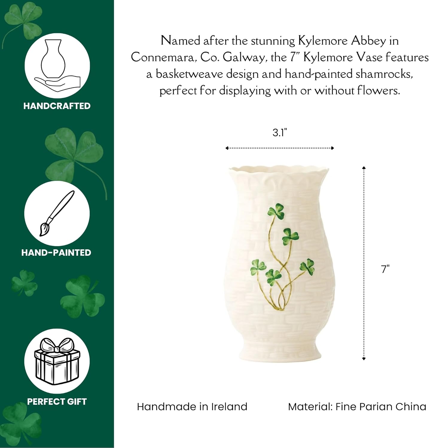 Belleek Kylemore Vase - White Flower Vase Handcrafted Fine Parian China Shamrock Irish Decor, 3.1 x 7 Inches