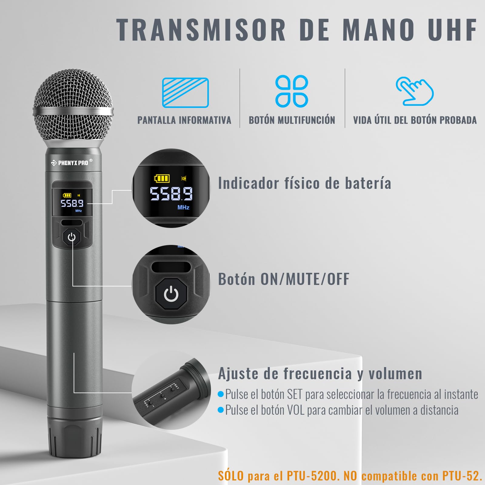 Phenyx Pro Sistema de Micrófono Inalámbrico 4 Canales PTU-5200-2H2B | 2 Mics de mano dinámicos, 2 bodypacks, Mics de diadema/solapa, 4 x 25 frecuencias, Alcance 200 ft, Karaoke