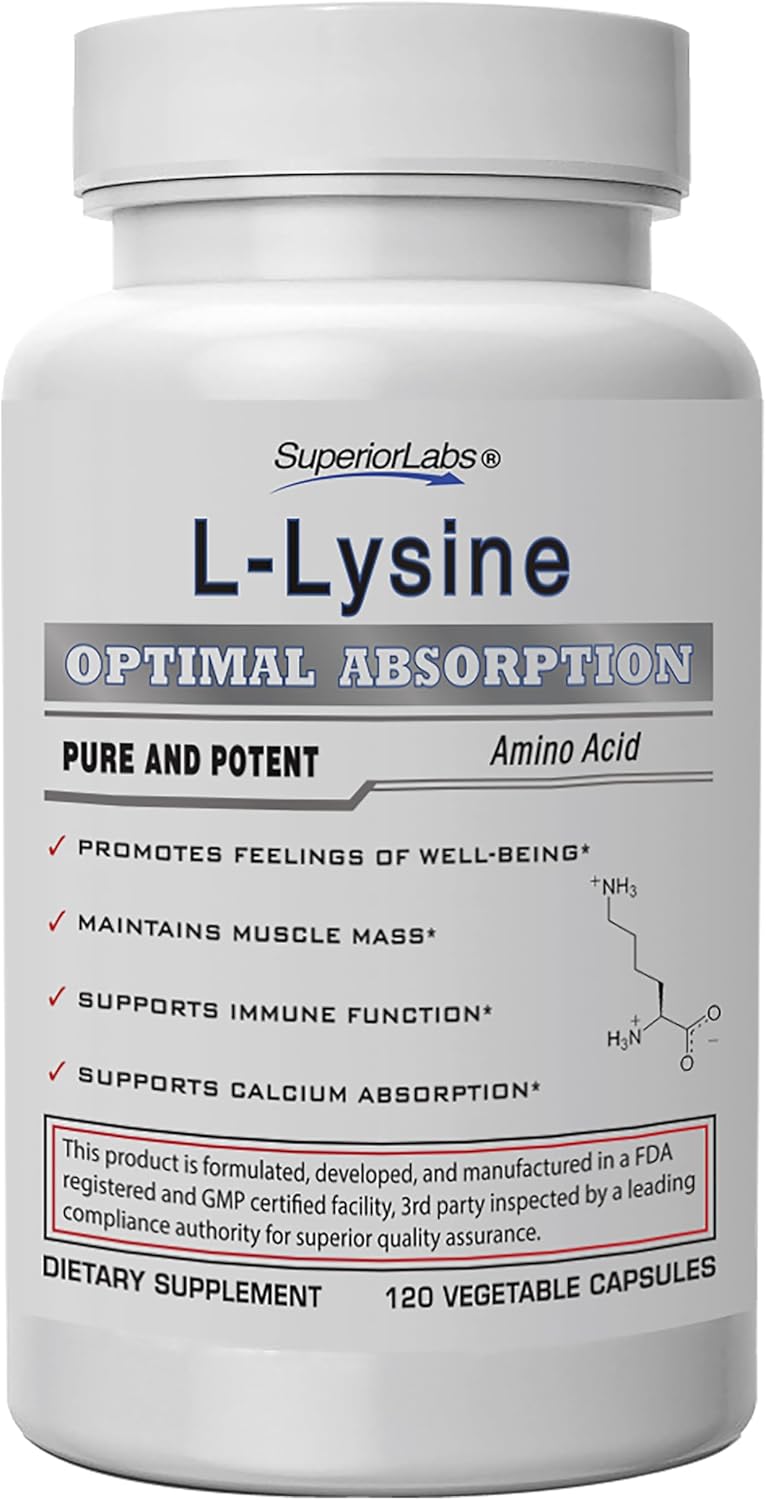 Superior Labs L-Lysine 500 mg Capsules, Pure Non-GMO, Third-Party Tested, No Fillers, Gluten Free, Supports Immune System, Promotes Calcium Absorption, 120 Caps