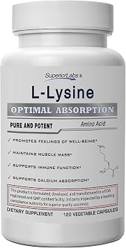Superior Labs L-Lysine 500 mg Capsules, Pure Non-GMO, Third-Party Tested, No Fillers, Gluten Free, Supports Immune System, Promotes Calcium Absorption, 120 Caps