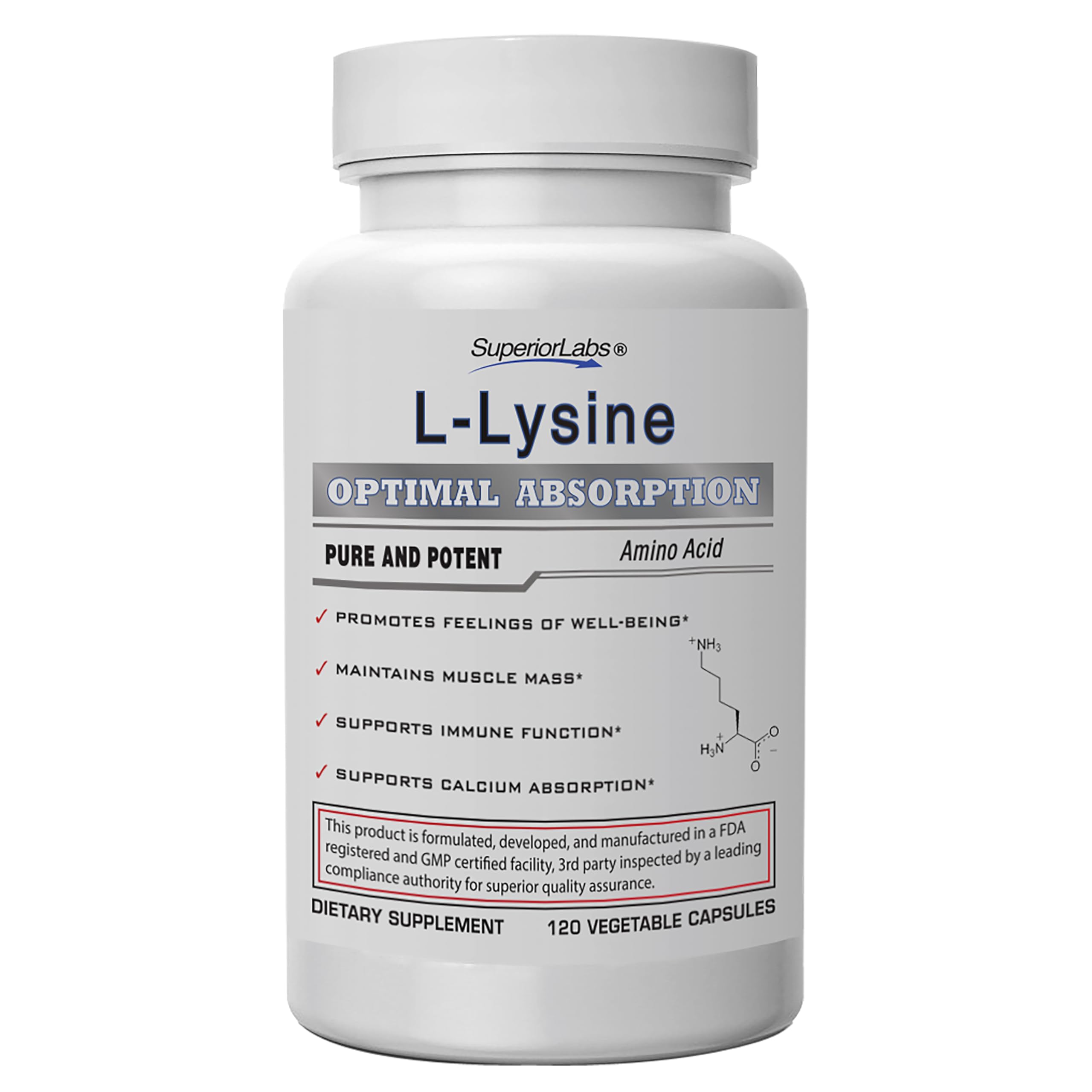 Superior Labs L-Lysine 500 mg Capsules, Pure Non-GMO, Third-Party Tested, No Fillers, Gluten Free, Supports Immune System, Promotes Calcium Absorption, 120 Caps