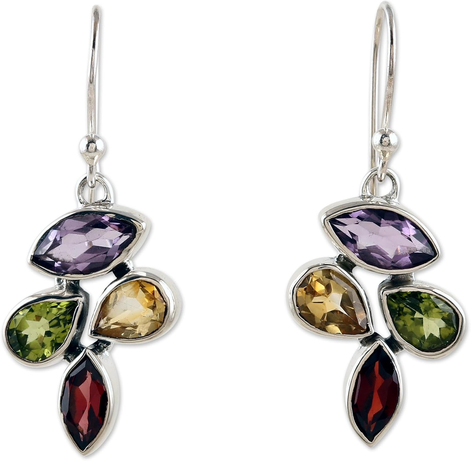 NOVICA Artisan Handmade Multigemstone Dangle Earrings 6.5carat Sterling Silver Amethyst Citrine Peridot Garnet India [1.4 in L x 0.6 in W x 0.2 in D] 'Spring Explosion'