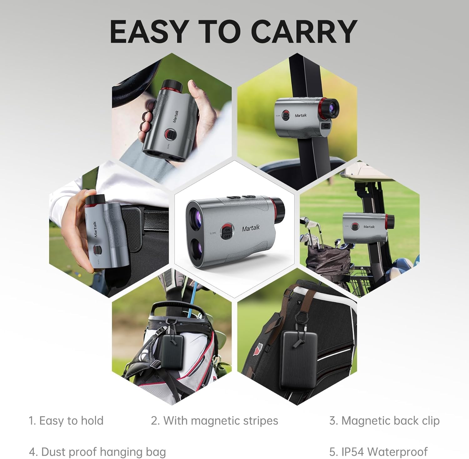 Télémètre de golf avec pente, télémètre laser de précision de 1 200 m, télémètre à vibration avec zoom 7x, support magnétique pour chariot, rechargeable par USB-C, résistant aux intempéries
