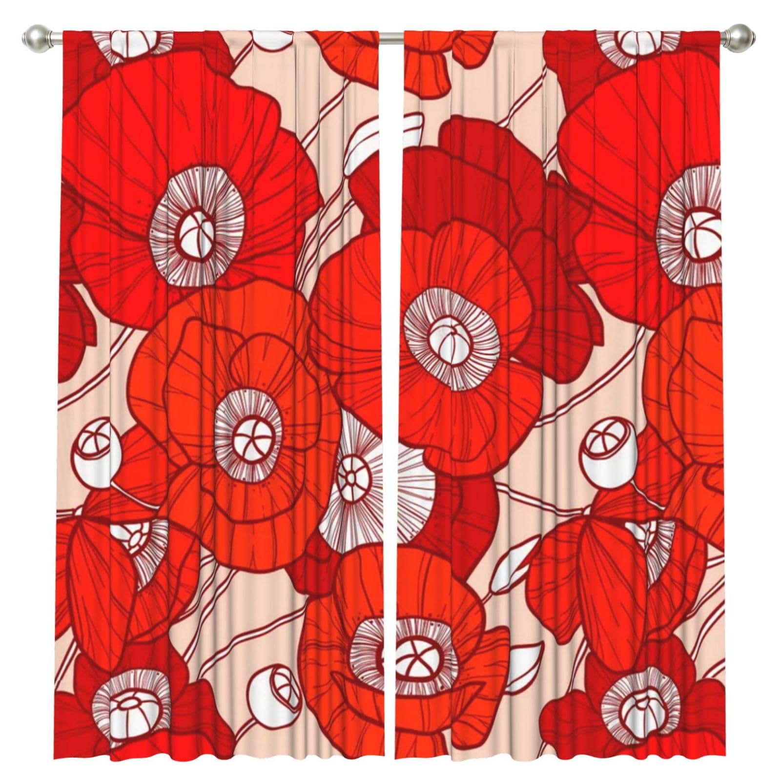 InOmak Bright Red Flower, 2 Panels Window Curtains 52 x 84 Inch Blackout Curtains for Living Room Bedroom