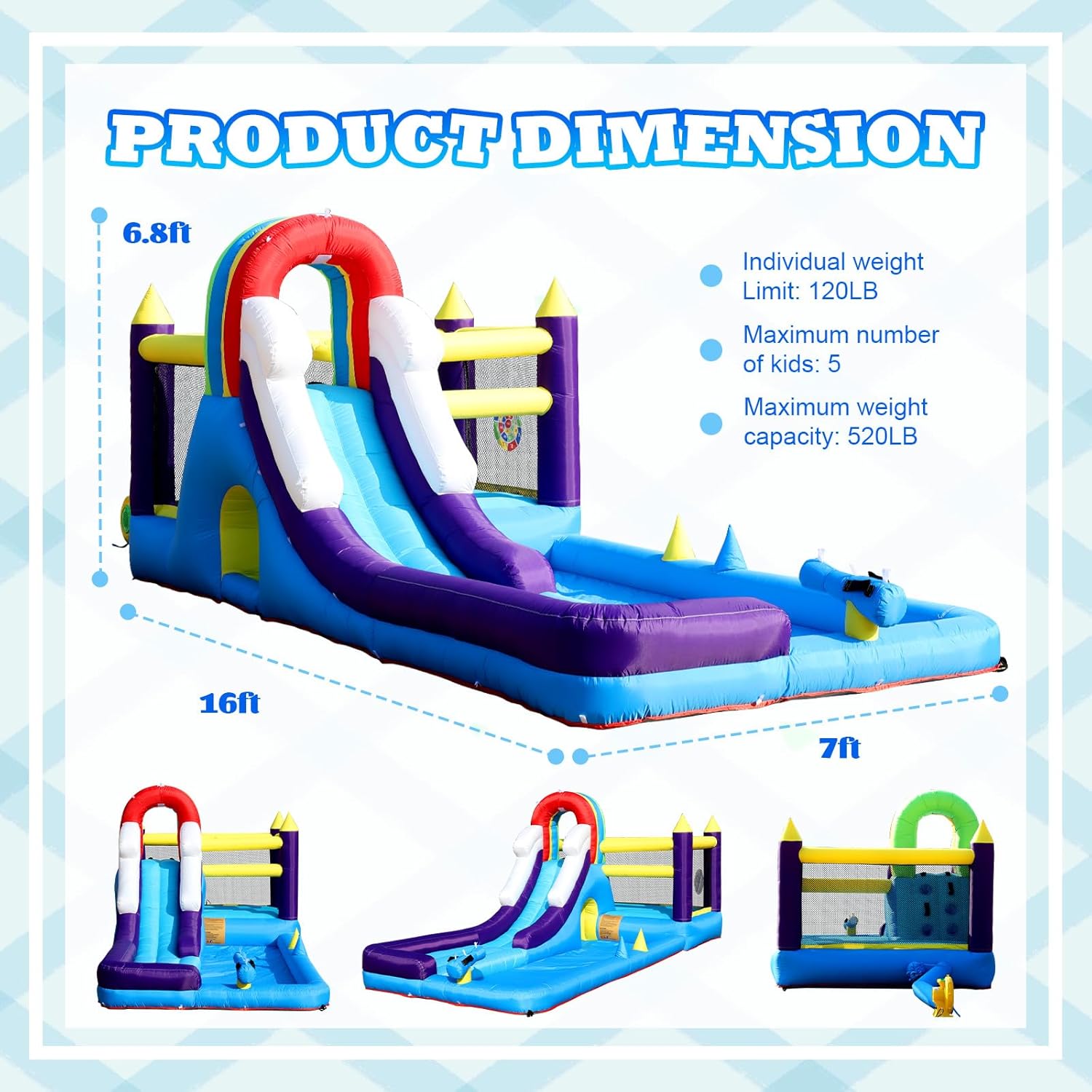 Inflatable Bounce House Water Slide,16FT(L) Inflatable Bounce Castle with Blower for Kids,Blow Up Jumping Bouncer with Slide,Climbing Wall,Obstacles,Trampoline,Ball Pit Pool,Great for Backyard Party