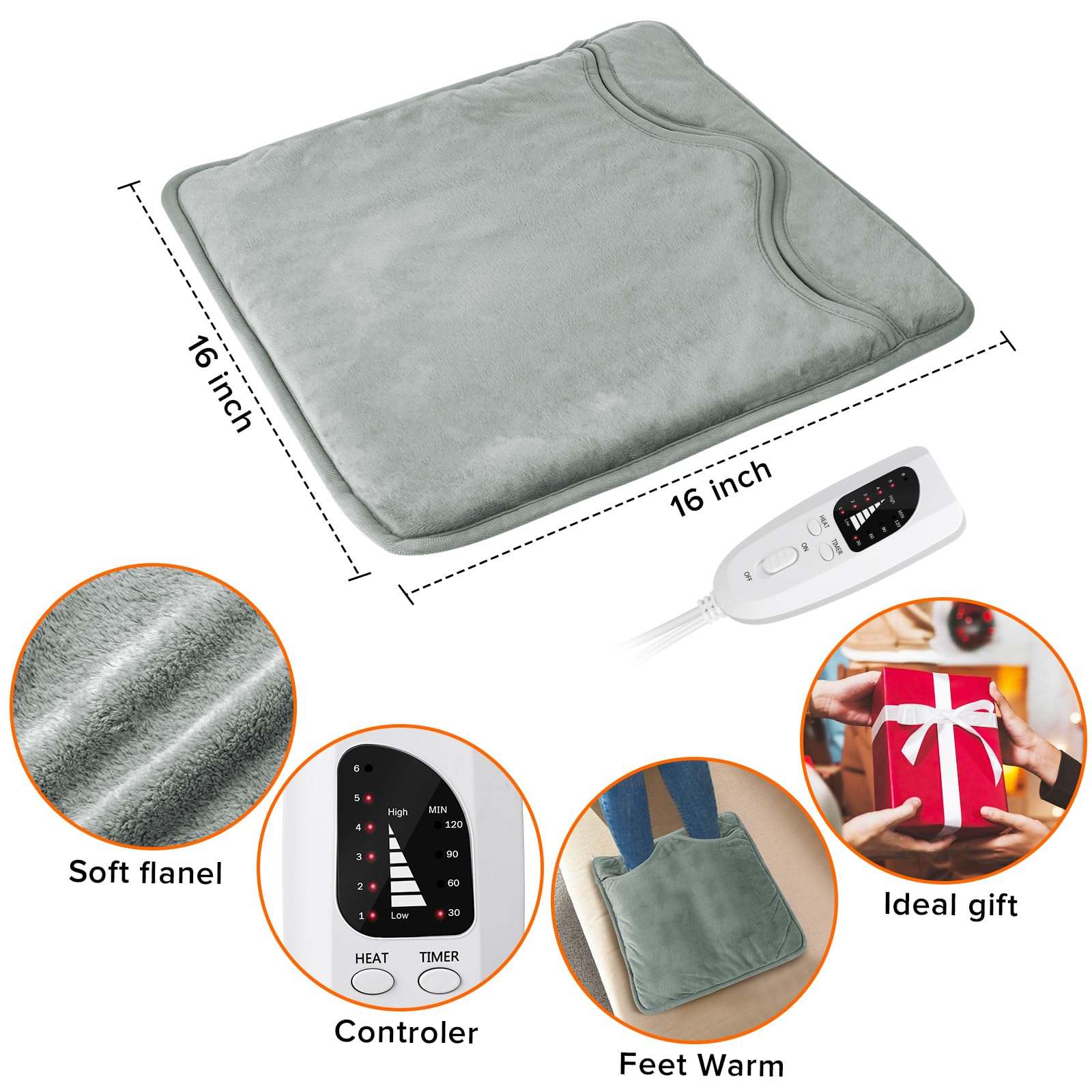 Foot Warmer,Heated Foot Warmer Under Desk,Heating Pad for Back Pain Relief,Electric Foot Warmer for Bed,Heating Pad Feet Warmer with 6 Temperature Setting,16 ?ù16 Inch