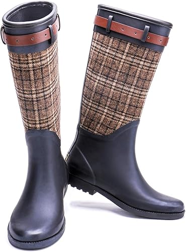 Amazon Estoni 切り替えレインブーツ チェック レディース ブーツ 完全防水 防滑 雨靴 ミドルブーツ 防水シューズ 本革 ベルト付き アンティーク 雨の日 梅雨 ミドル丈 美脚 おしゃれ Estoni レインシューズ