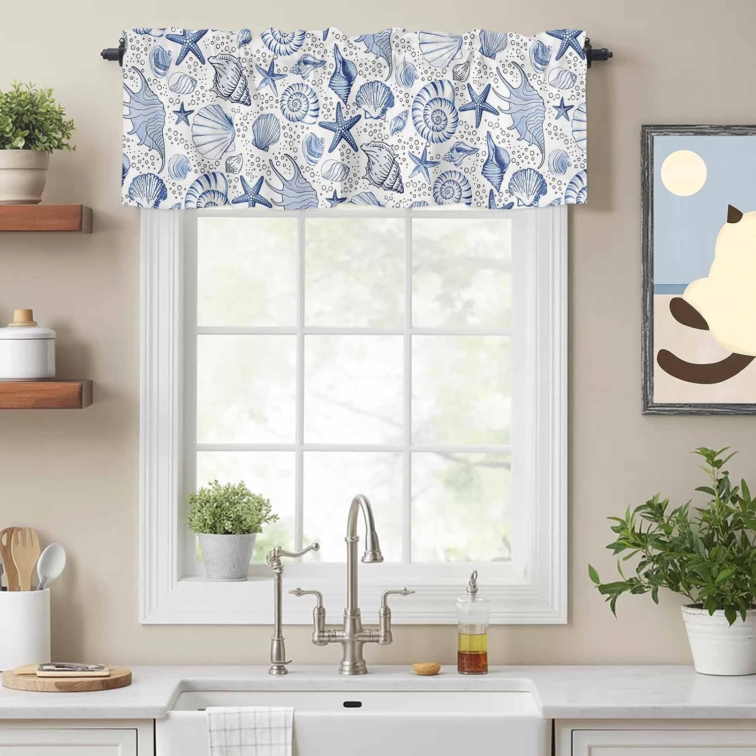Valance Curtains for Kitchen Windows Navy Blue Starfish Conch Shell Seamless Rod Pocket Valance Summer Ocean Bubbles Short Window Curtain Topper for Bedroom Living Room Bathroom 54x18in,1 Panel