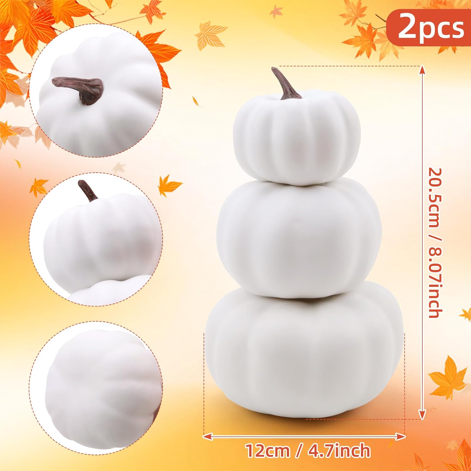 Gresorth 2 Pack Small White Pumpkins Stackable Fake Artificial Halloween Decoration DIY Crafts Paintable Pumpkin for Home Party Table Kitchen Wedding Decorating - 8 Inch