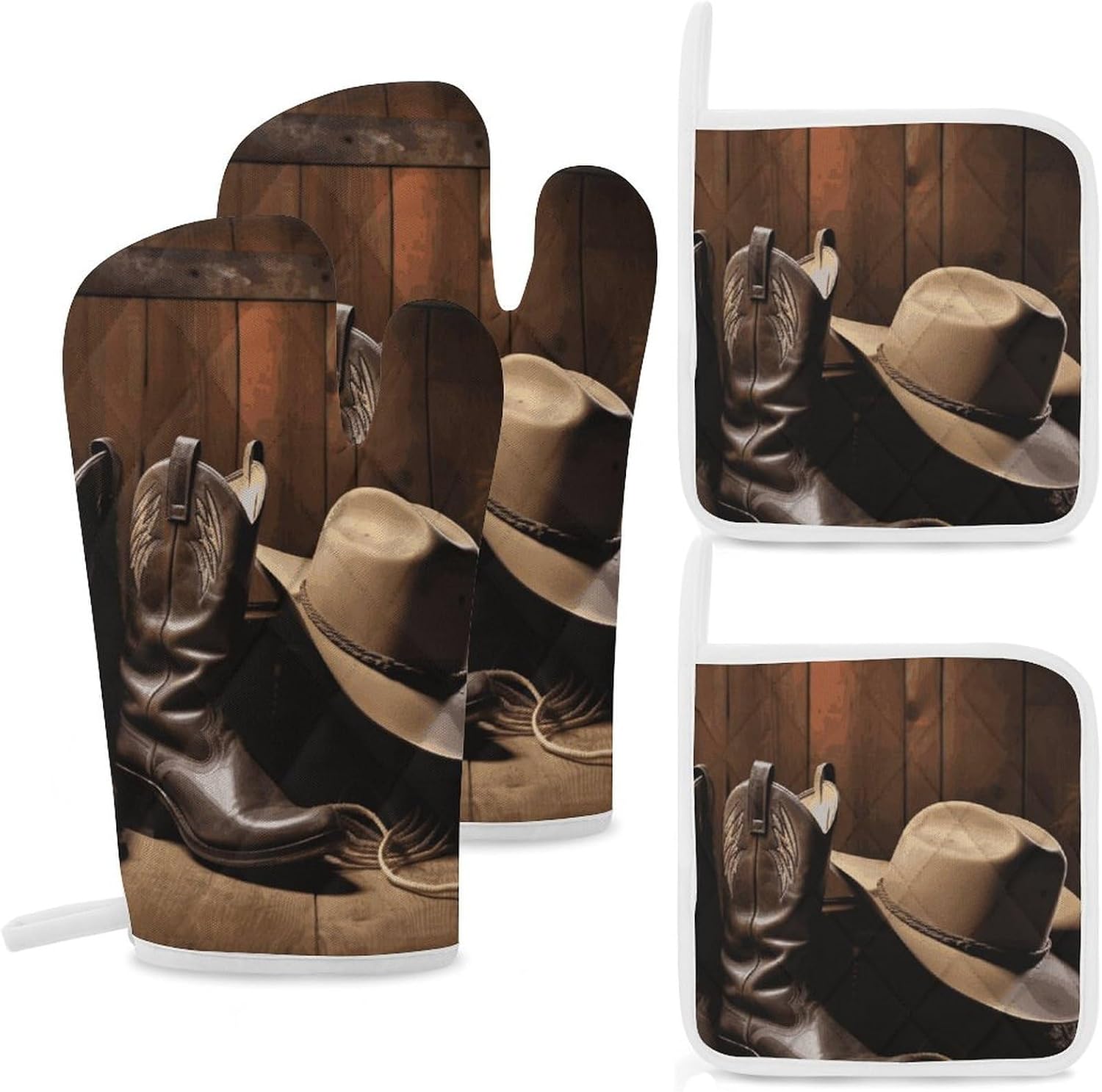Cowboy Black Hat Western Boots Oven Mitts and Pot Holders Set 4 Kitchen Oven Glove Cooking Mitts with Hanging Loop Heat Resistant Potholder Set for Chef Baking Cooking Grilling