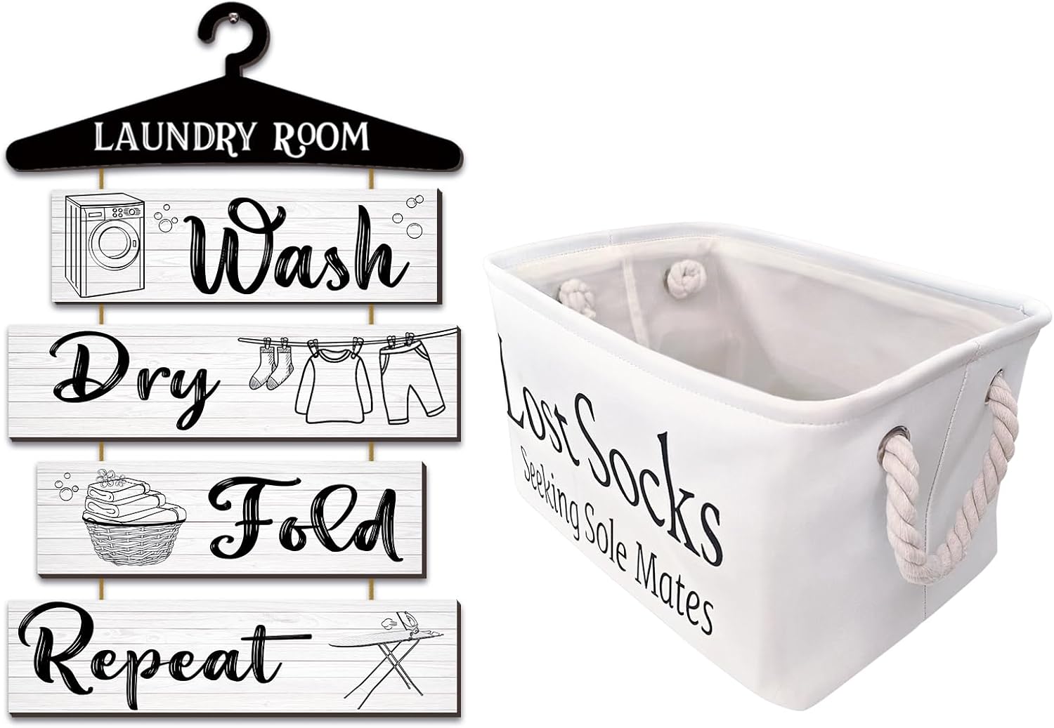 Rustic Laundry Room Decor Set - White Lost Socks Basket and Wall Hanging Sign Decor with Wash, Dry, Fold, Repeat Symbols, Farmhouse Laundry Room Accessories