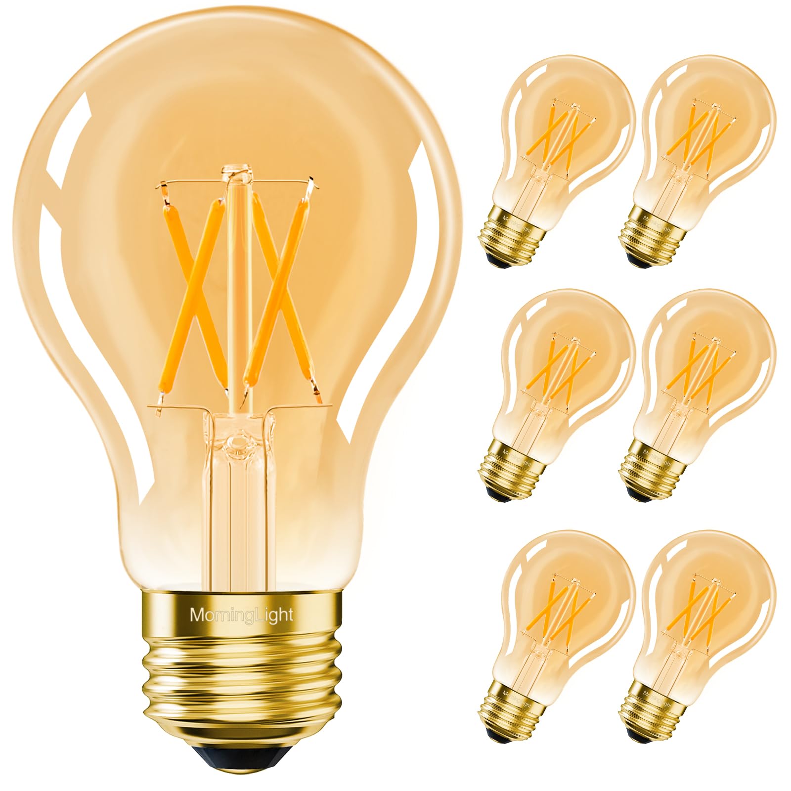 Photo 1 of MorningLight 6 Pack Vintage LED Edison Light Bulbs 60 Watt, A19 Dimmable Amber Warm Light Bulbs 2200K, E26 LED Edison Bulbs 6W Equal 60 Watt Incandescent, Decorative Antique Bulb for Pendant, 600LM